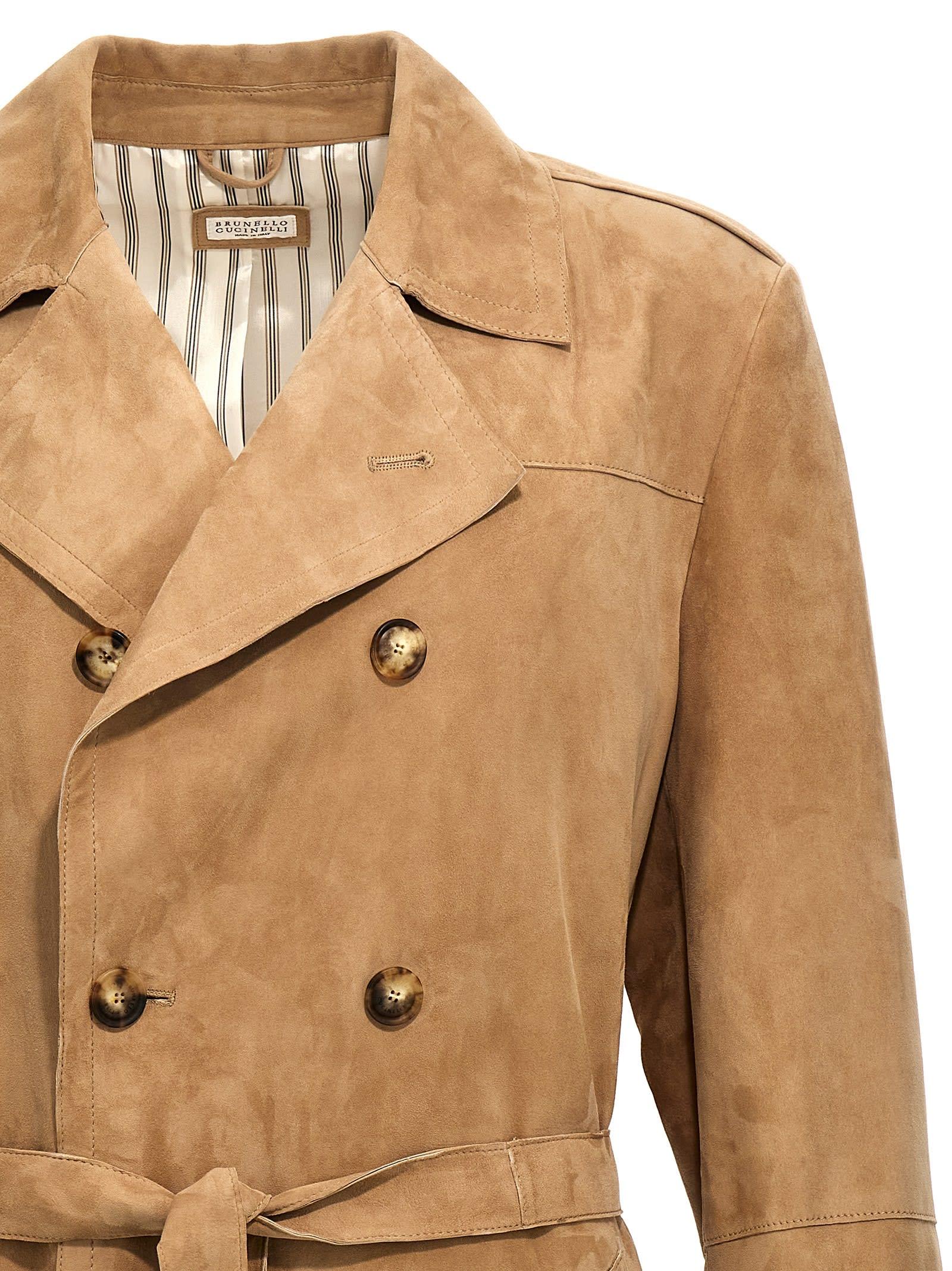 Brunello Cucinelli Suede Trench Coat in Natural for Men