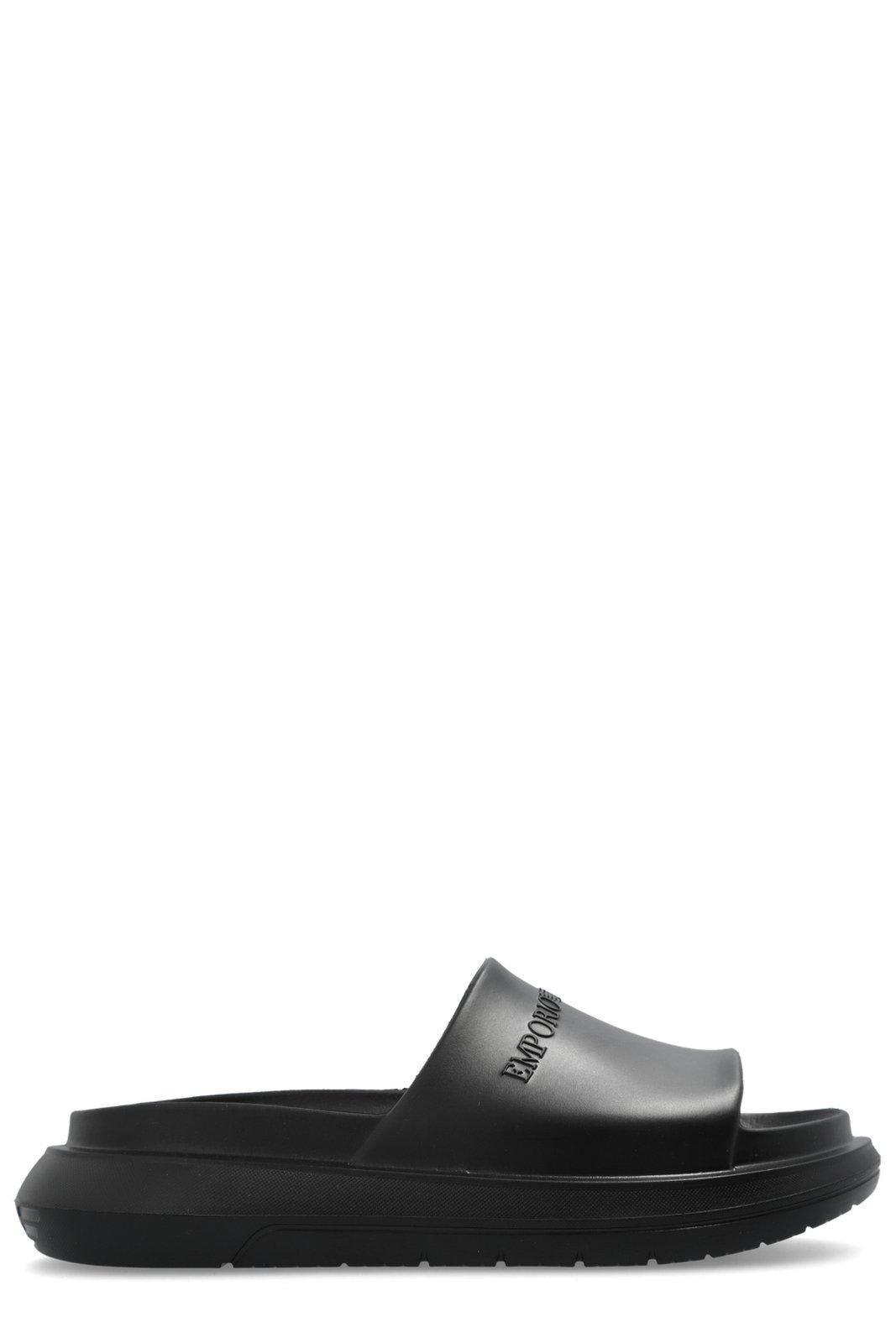 Emporio Armani Logo-Embossed Slip-On Slides in Black for Men