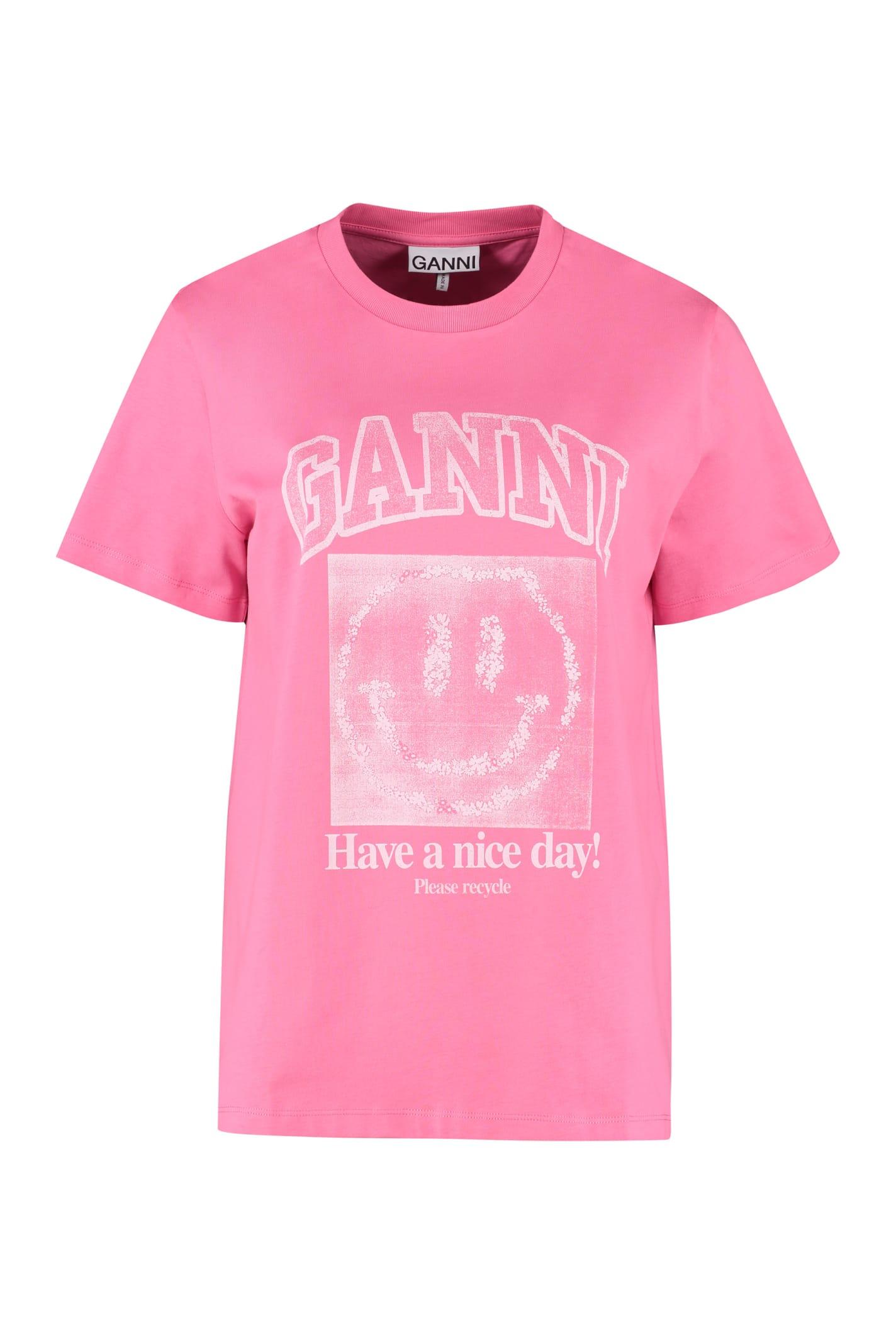 Ganni Smiley Cotton T-shirt in Pink | Lyst