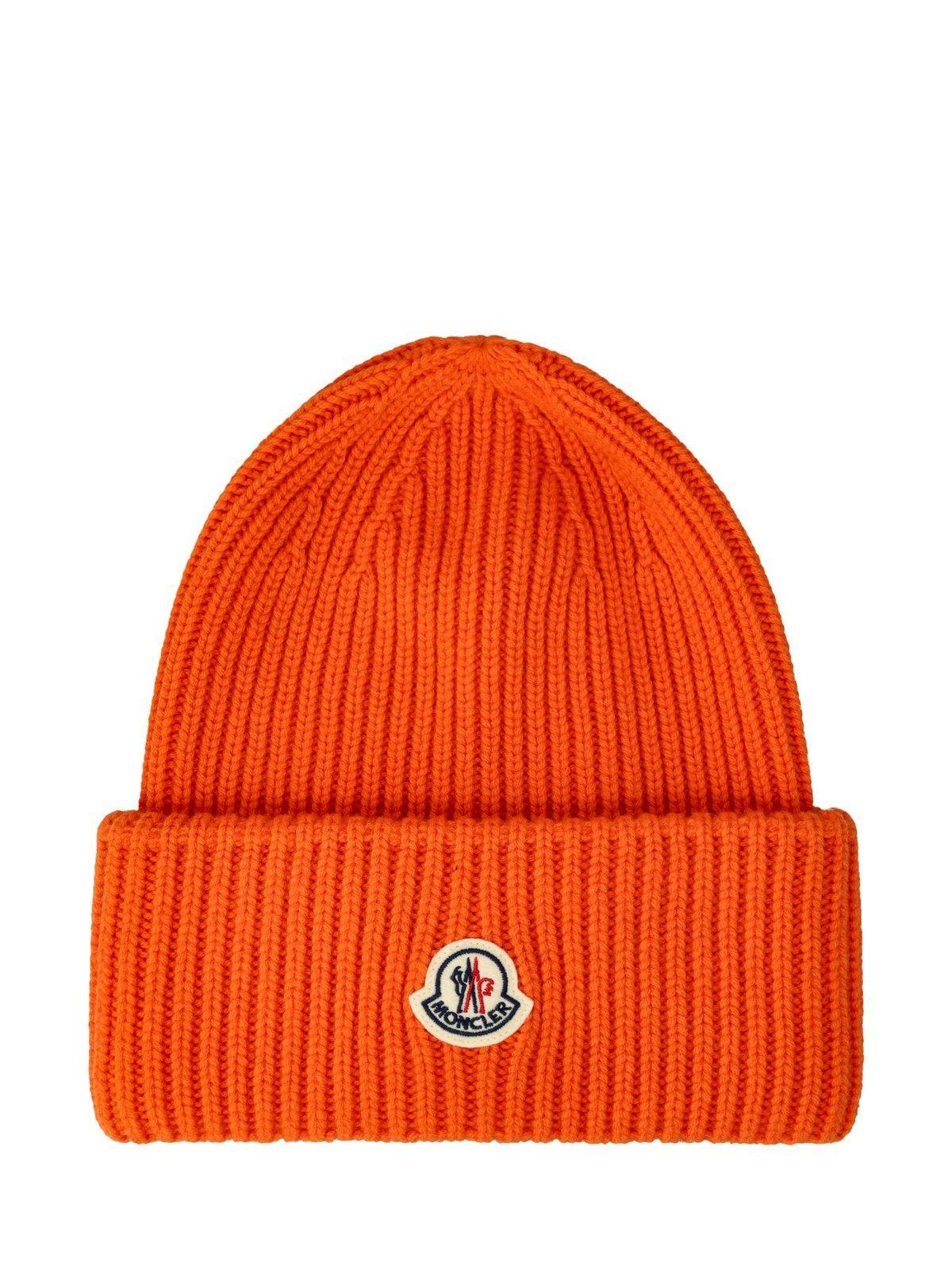 Moncler Logo Patch Ribbed Beanie in Orange for Men | Lyst