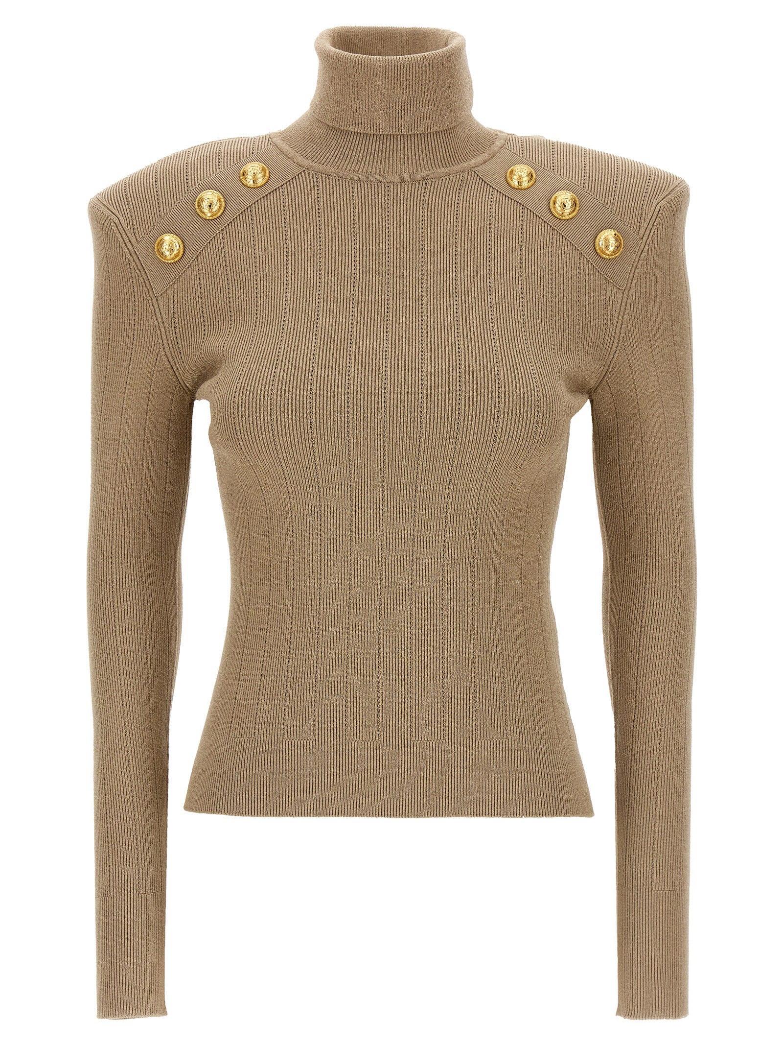 Balmain Ribbed Viscose Button Shoulder Sweater in Brown Lyst