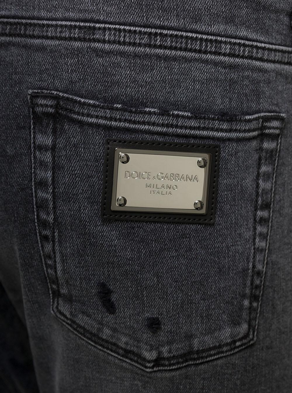 Dolce & Gabbana Grey Five-pockets Slim Jeans With Logo Plaque In
