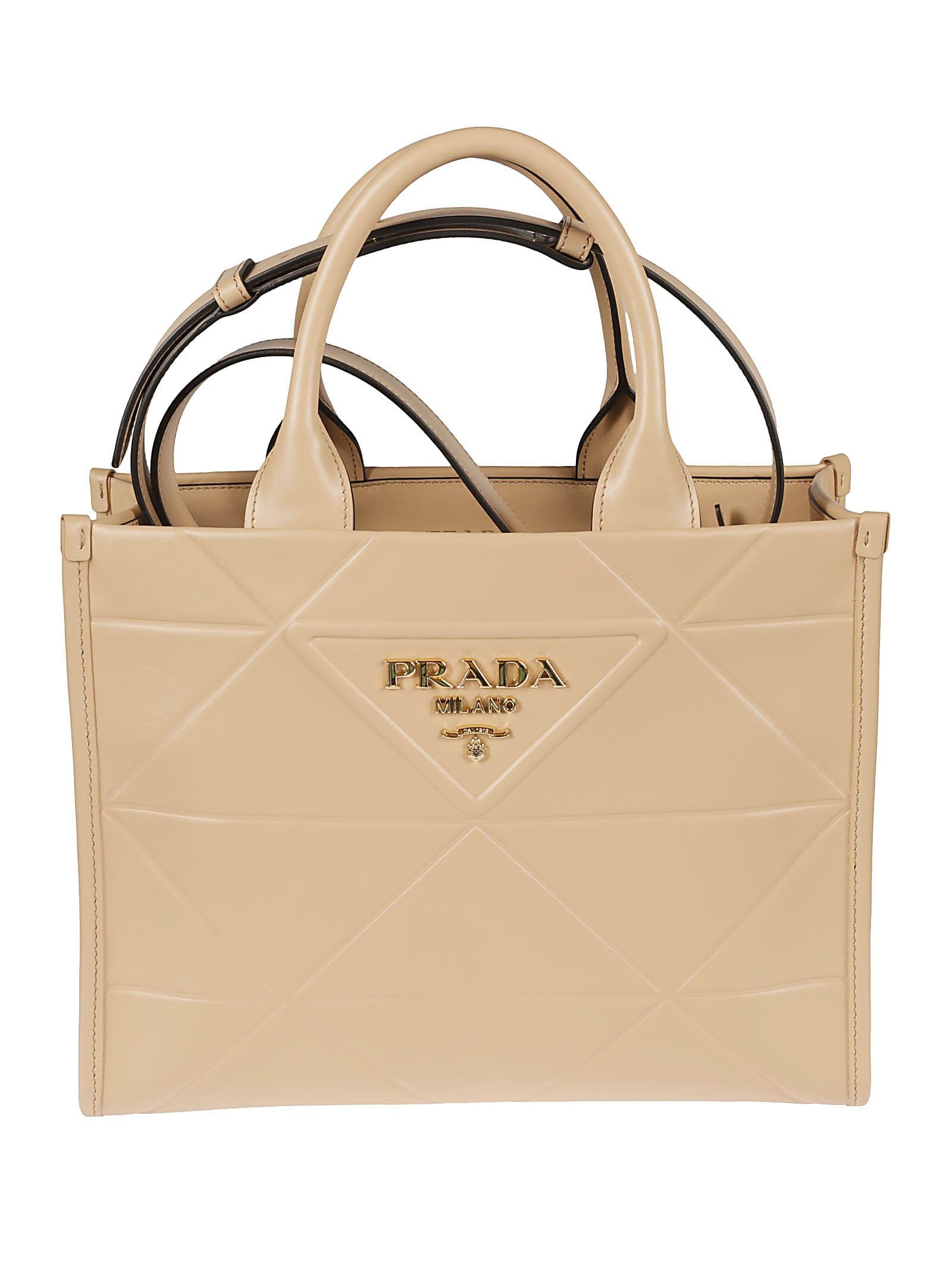 Prada Diamond Quilt Logo Embossed Shoulder Bag in Natural | Lyst
