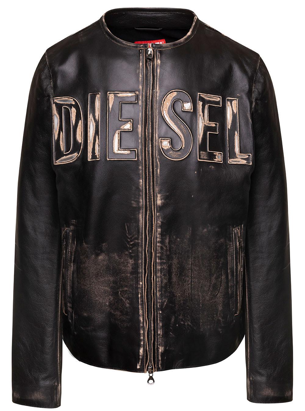 DIESEL L-met Distressed Leather Jacket With Metal Logo in Black