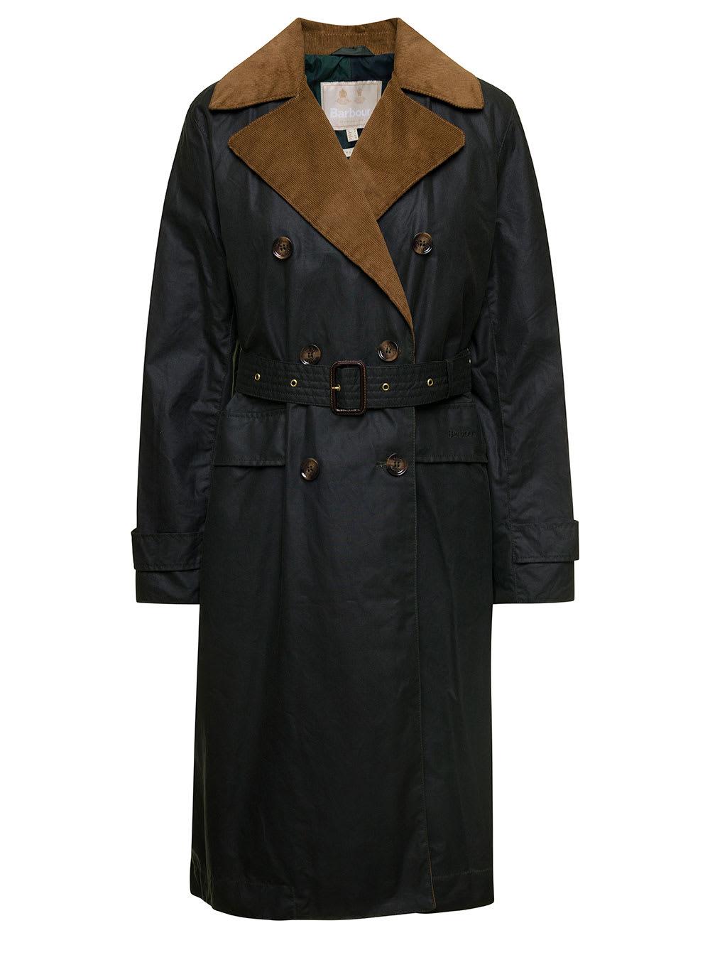 Barbour 'simone' Black Belted Trench Coat With Corduroy Revers In Waxed  Cotton Woman | Lyst