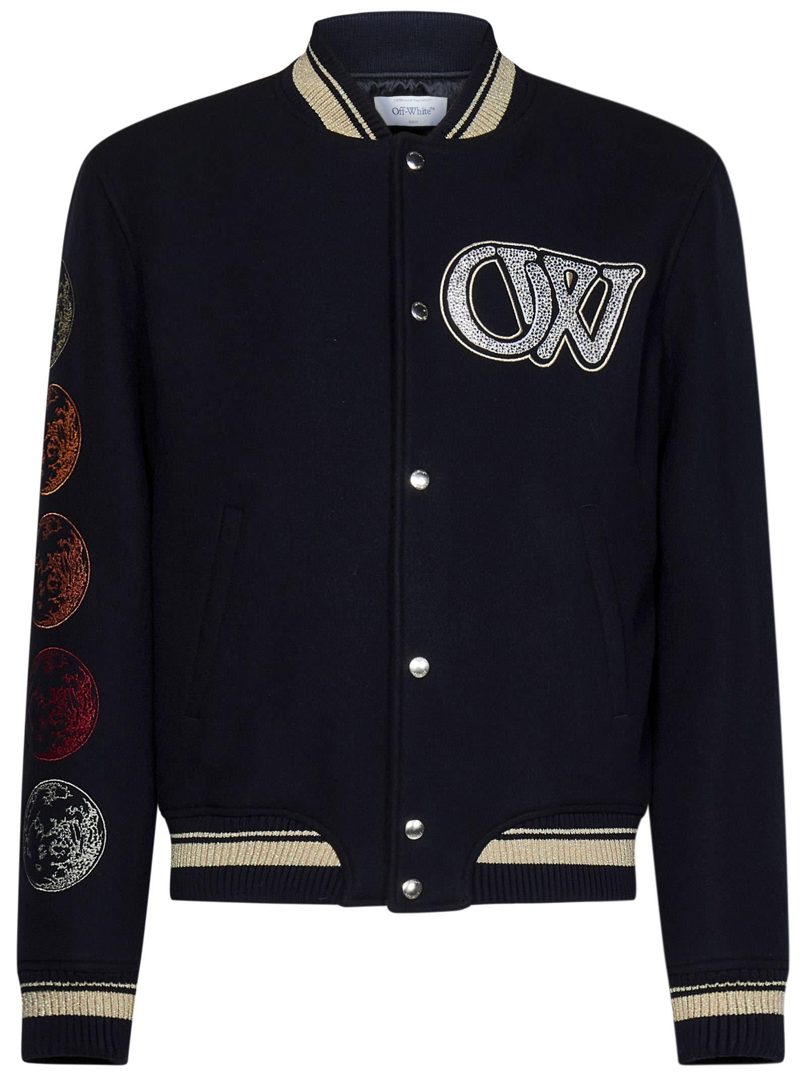Off-White c/o Virgil Abloh World Appliquéd Wool-blend And Leather Varsity  Jacket in Blue for Men