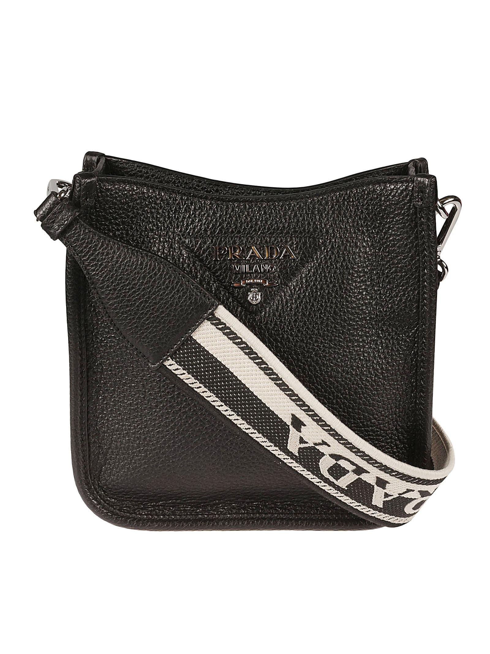 Prada Logo Strap Grained Leather Shoulder Bag in Black | Lyst