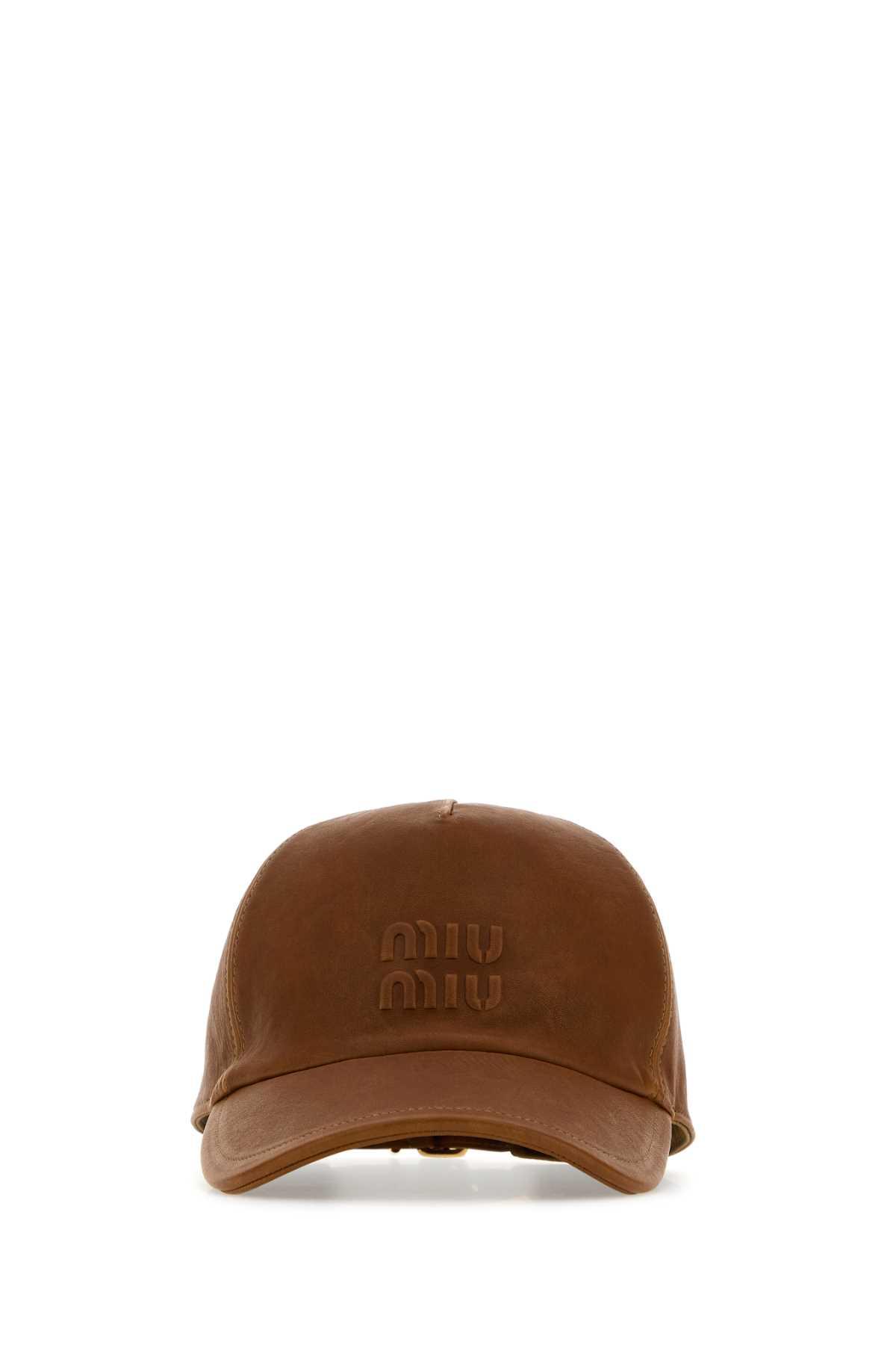 Miu Miu Logo Leather Hat in Brown | Lyst