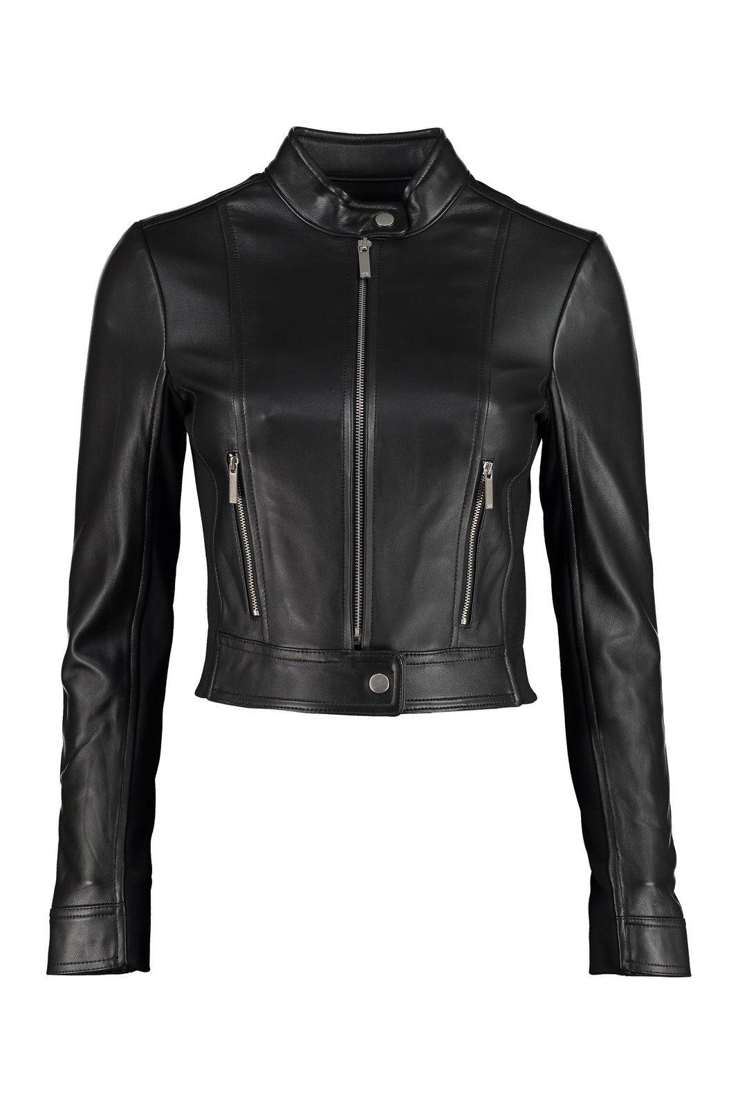 Michael Kors Cropped Leather Biker Jacket in Black | Lyst