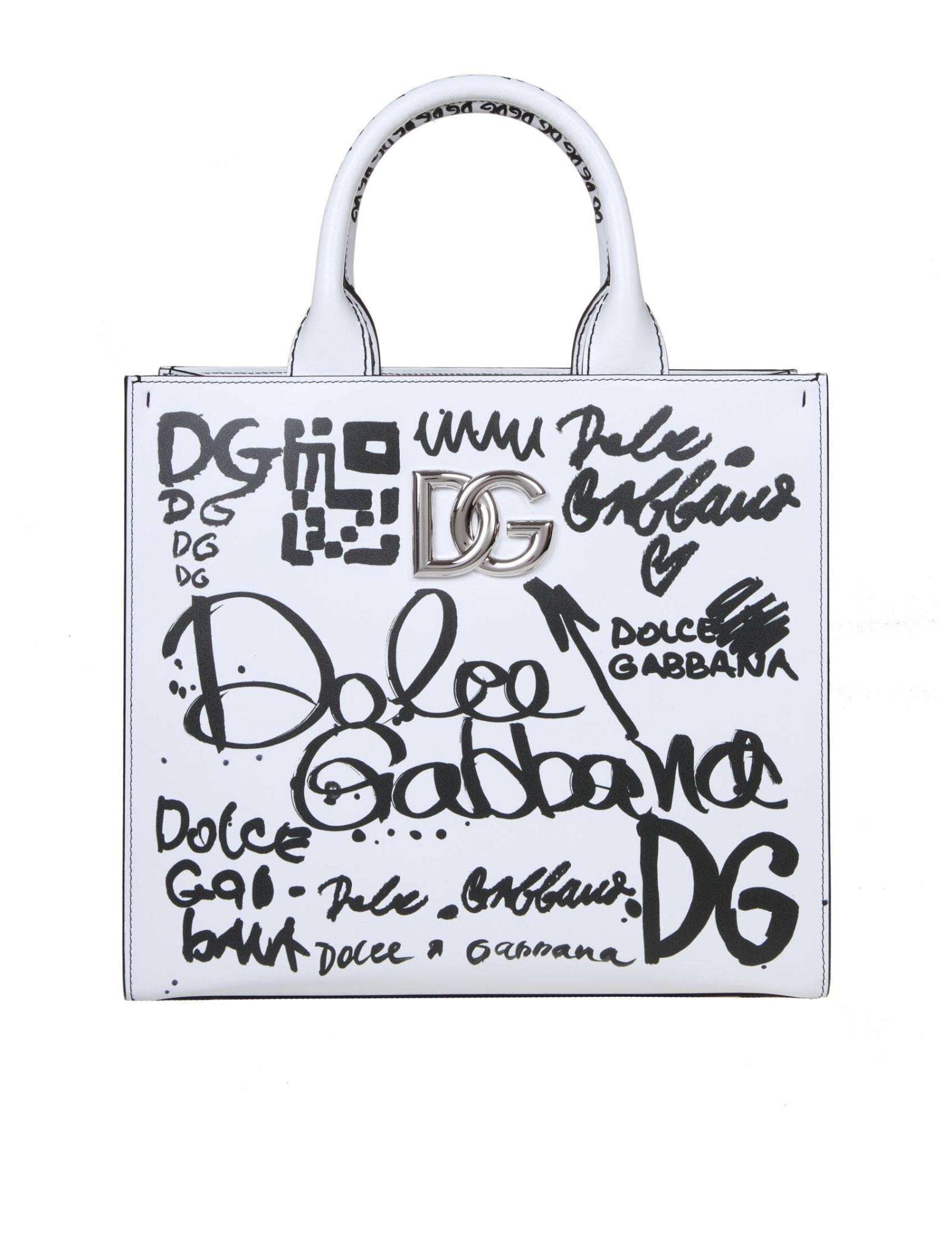 Dolce & Gabbana Leather Tote Bag With Graffiti Print in White | Lyst