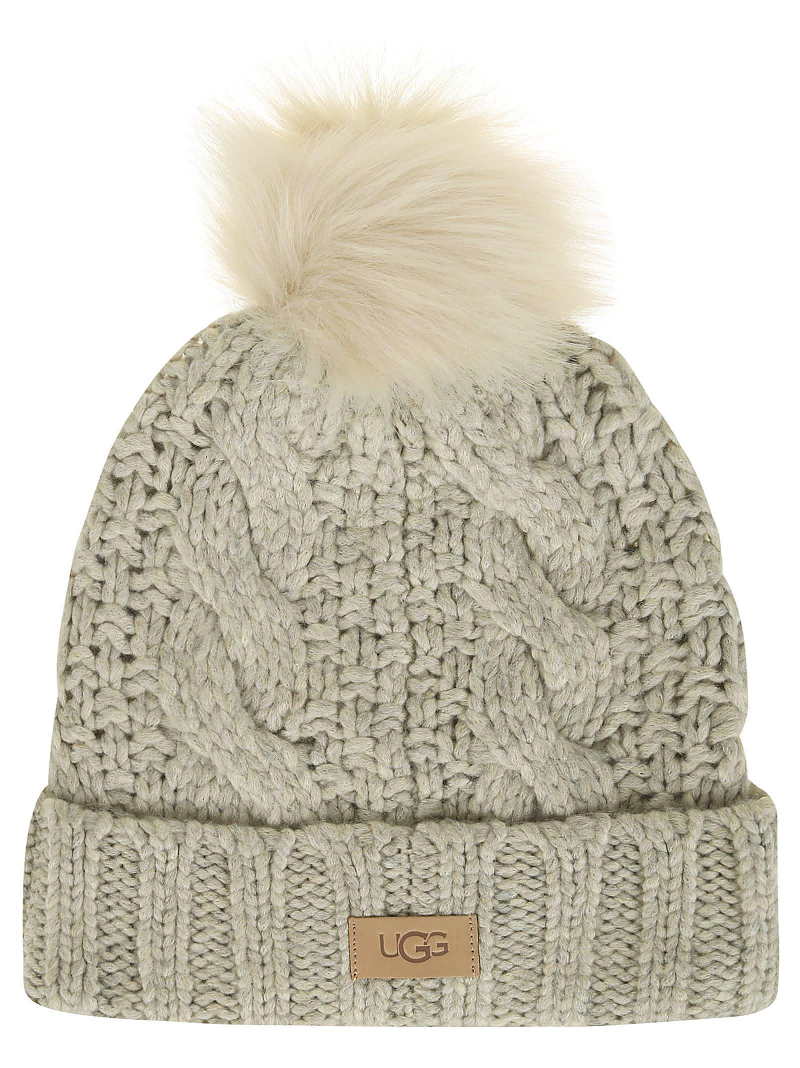 UGG W Knit Cable Hat W F Fur Pom Light Grey in Natural | Lyst