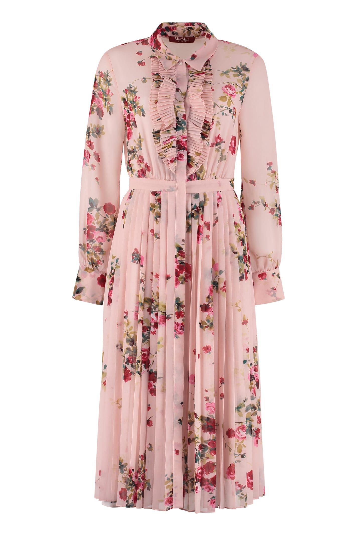 Max Mara Studio Printed Georgette Dress in Pink | Lyst
