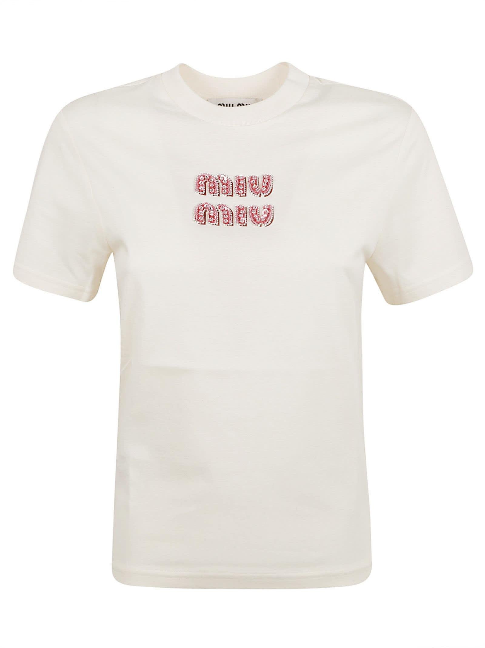 工場直売 Logo-Appliqué Miu Miu Cotton Lyst | White in T-Shirt Tシャツ(半袖/袖なし)
