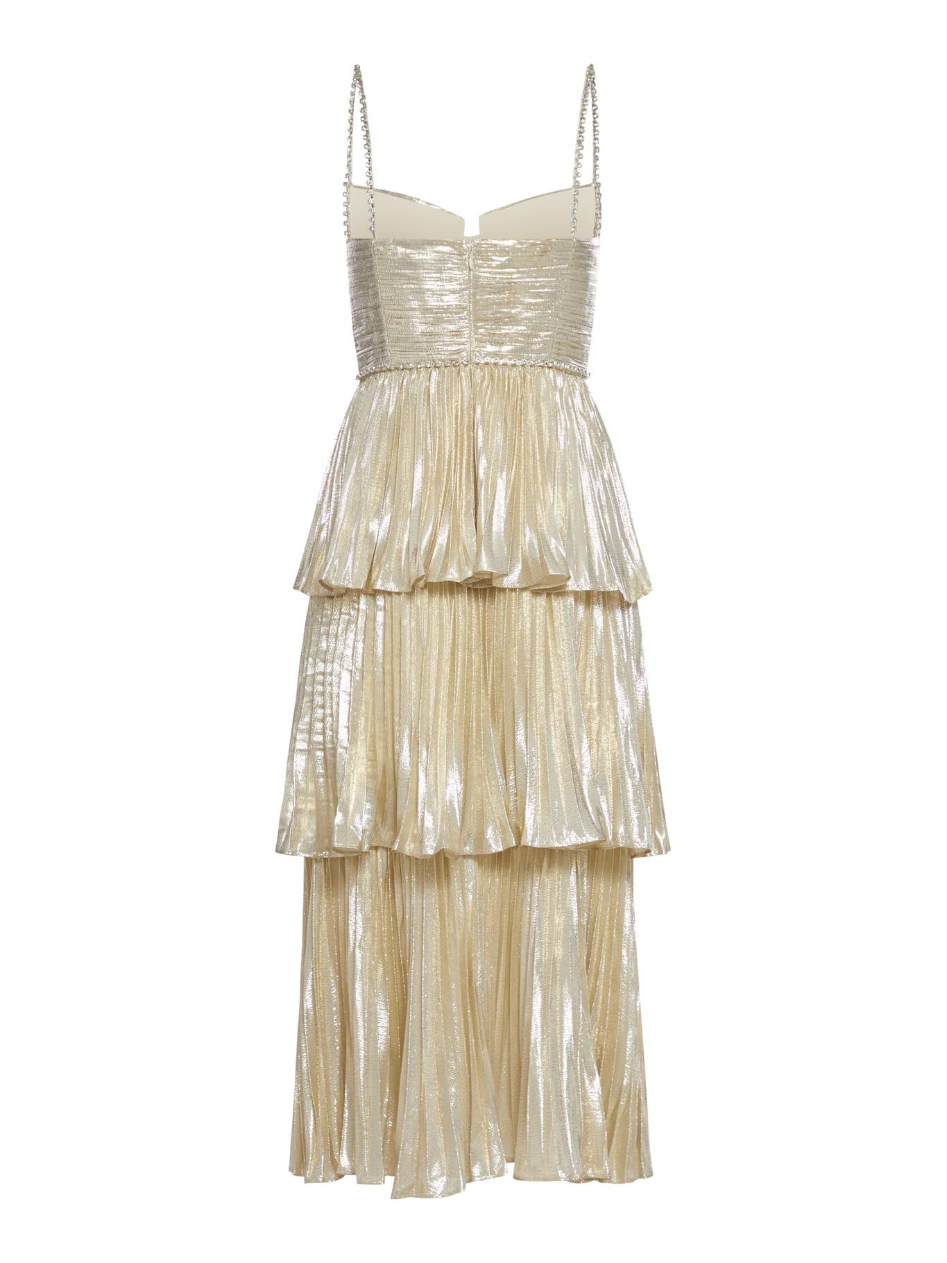 Self-Portrait Metallic Pleated Chiffon Tiered Midi Dress in Natural | Lyst