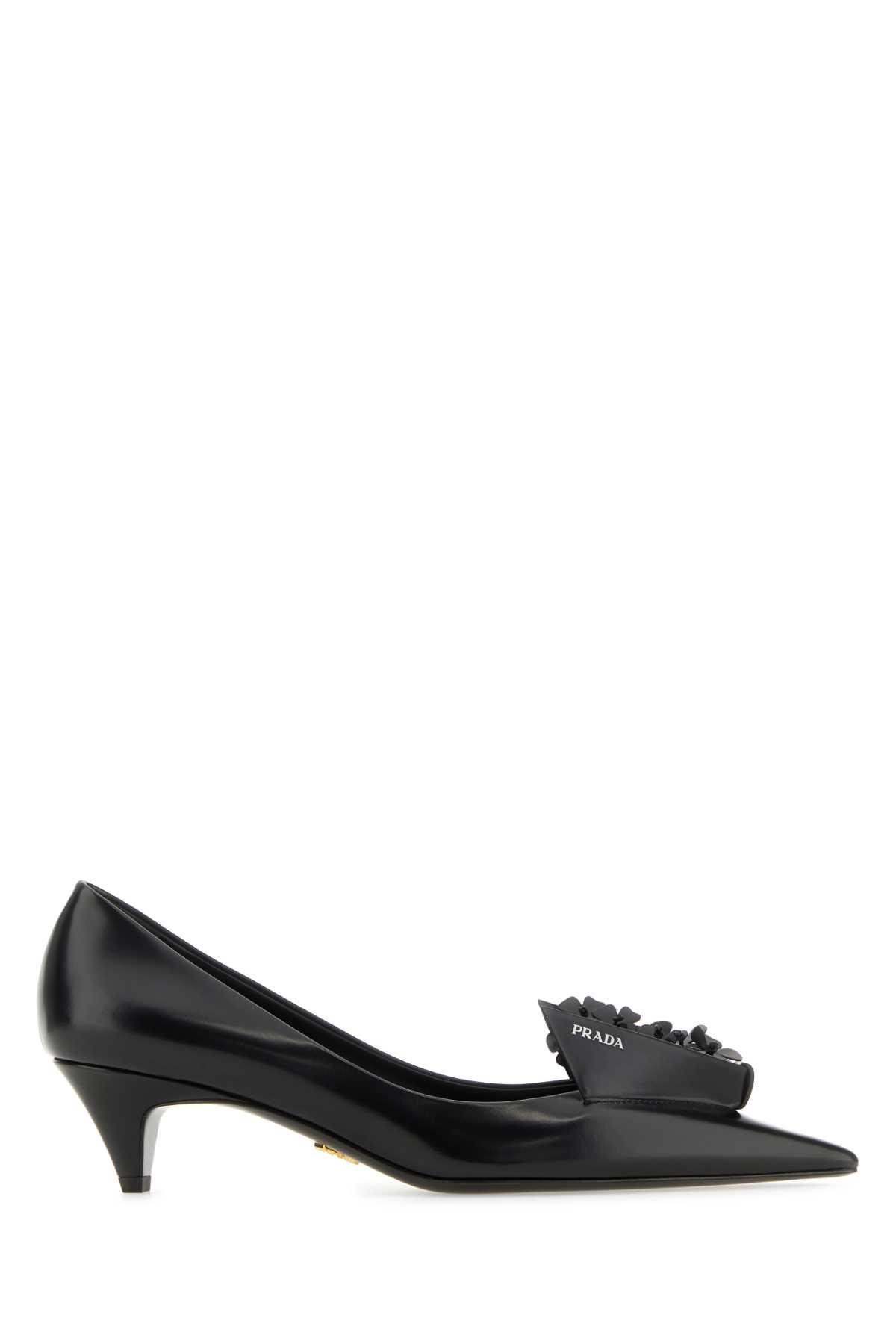 Prada Leather Floral-appliqué Pumps 45 in Black | Lyst