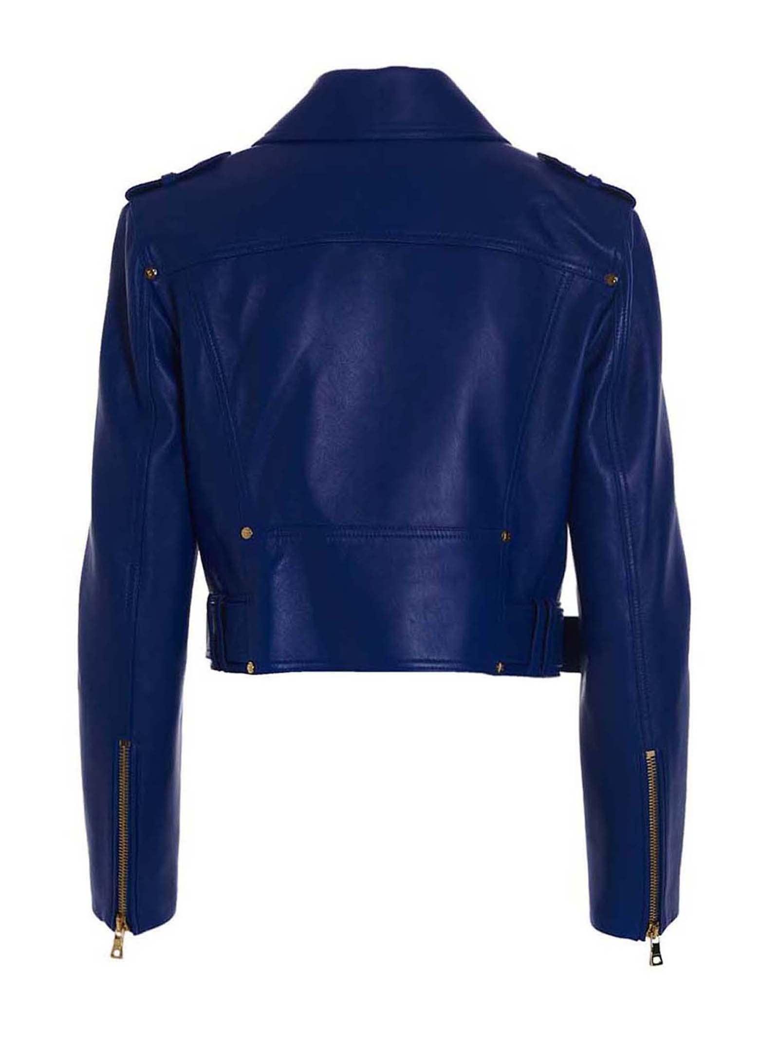 Balmain Leather Cropped Jacket in Blue | Lyst