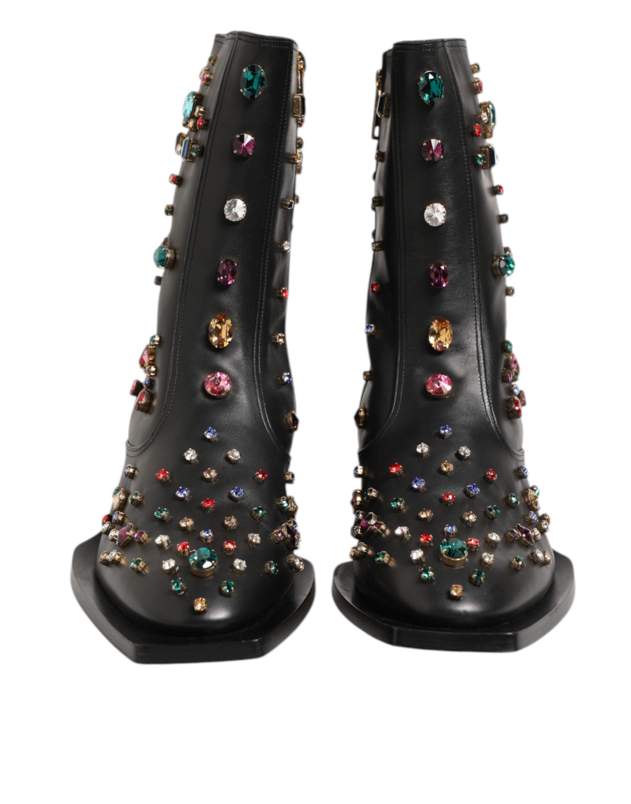 Dolce & Gabbana Gem Embellished Leather Ankle Boots in Black 