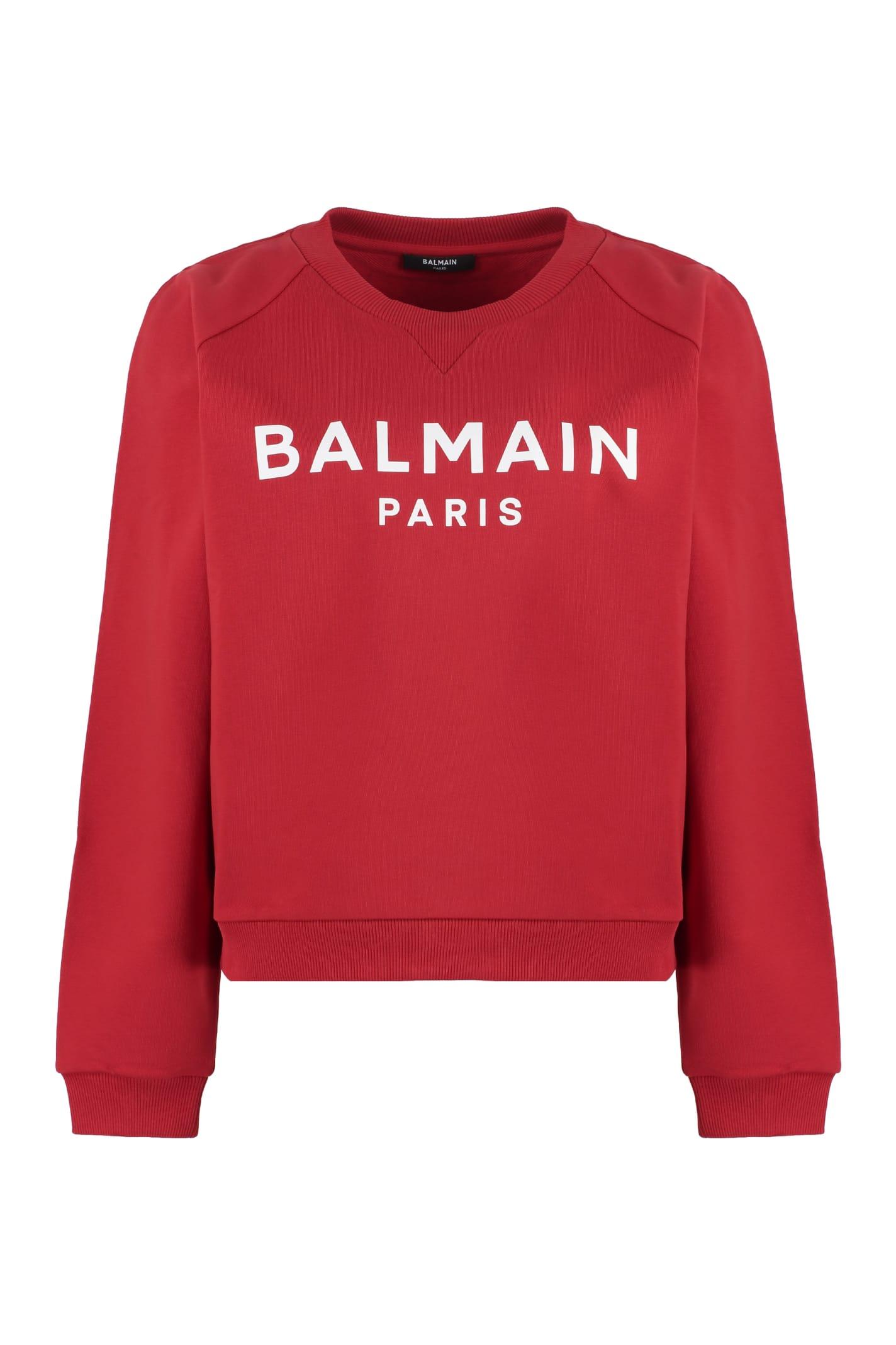 Balmain Logo Detail Cotton Sweatshirt in Red | Lyst