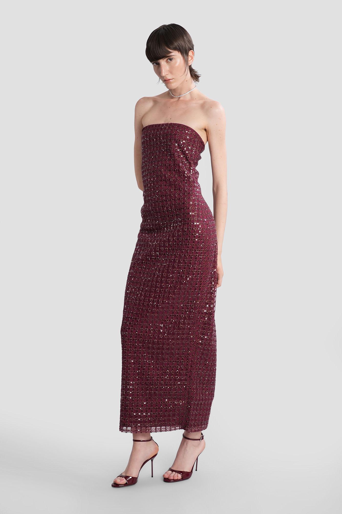 【関税&送料込】Rotate Birger Christensen Long Bordeaux Dres Rotate Brown Sequins Midi Ruffle Dress Bordeaux