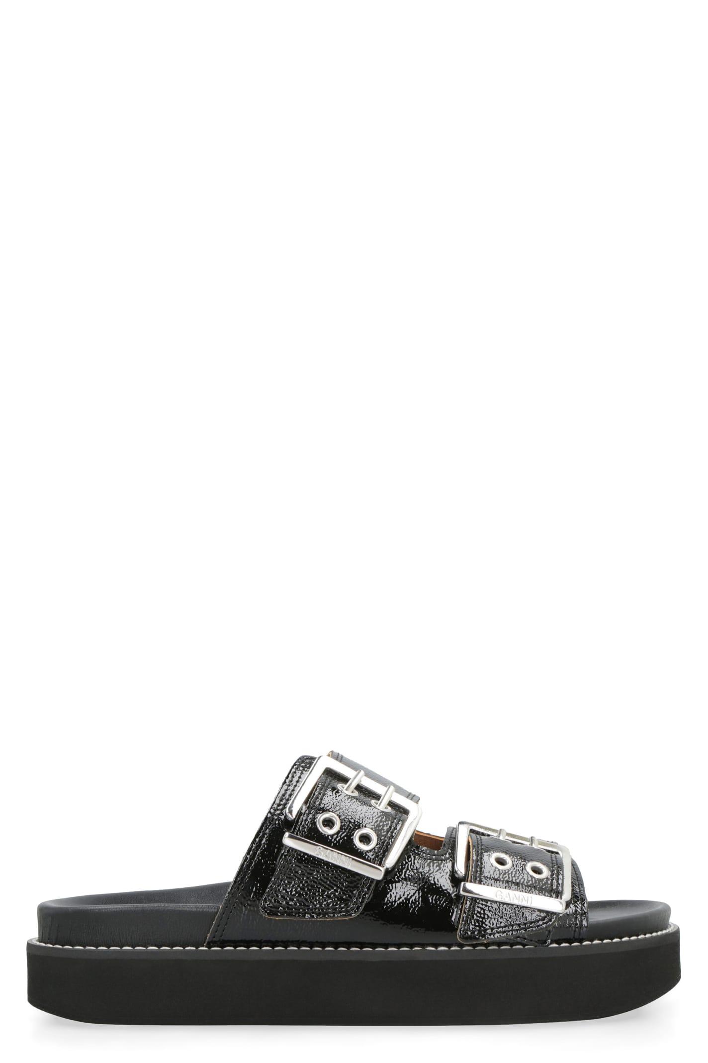 Ganni Leather Slides With Buckle in Black | Lyst