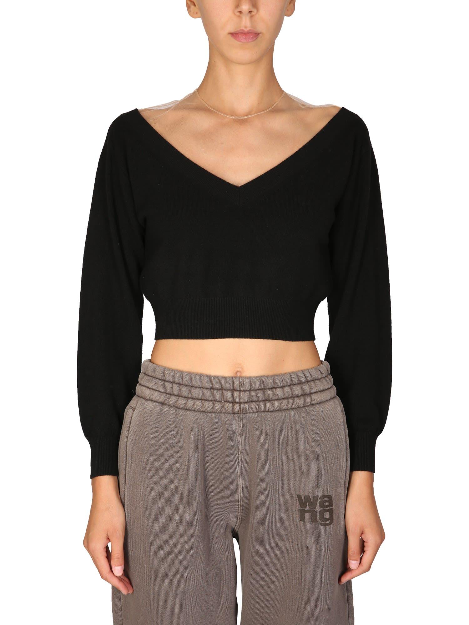 Alexander Wang Cropped V-neck Sweater in Black | Lyst