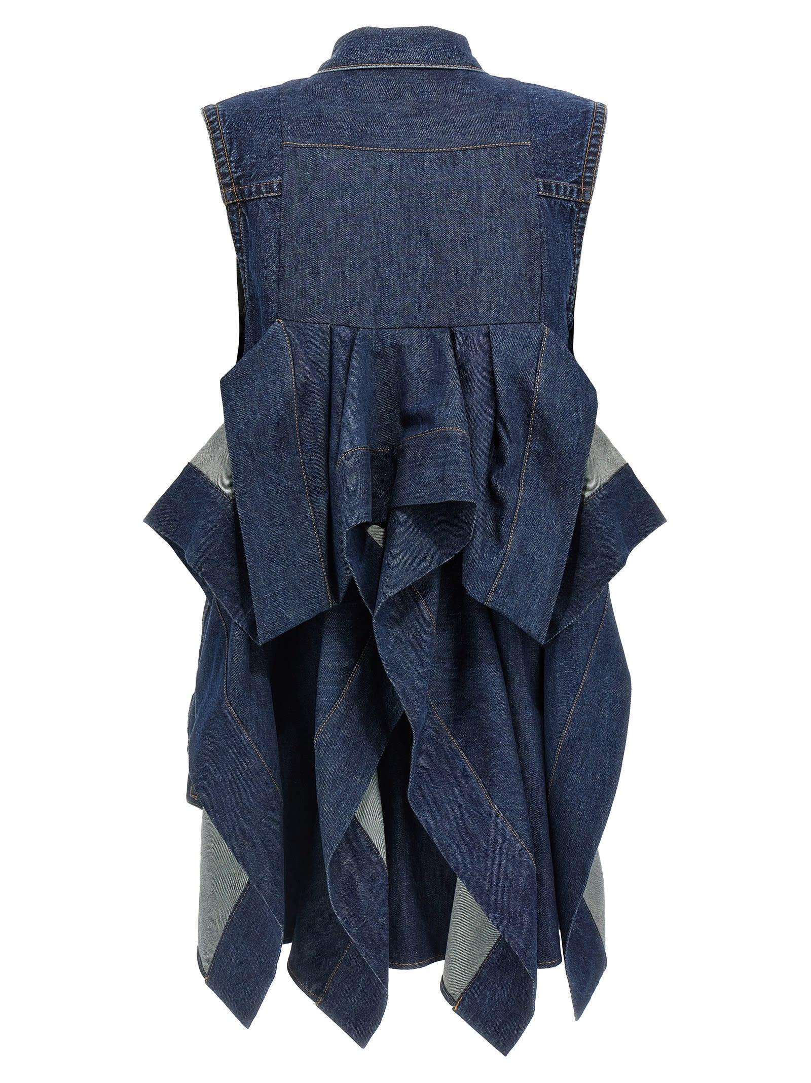 ワンピース sacai Ruffled denim dress Sacai Denim Dress Sacai】Back Drape Dark Wash Denim Dress