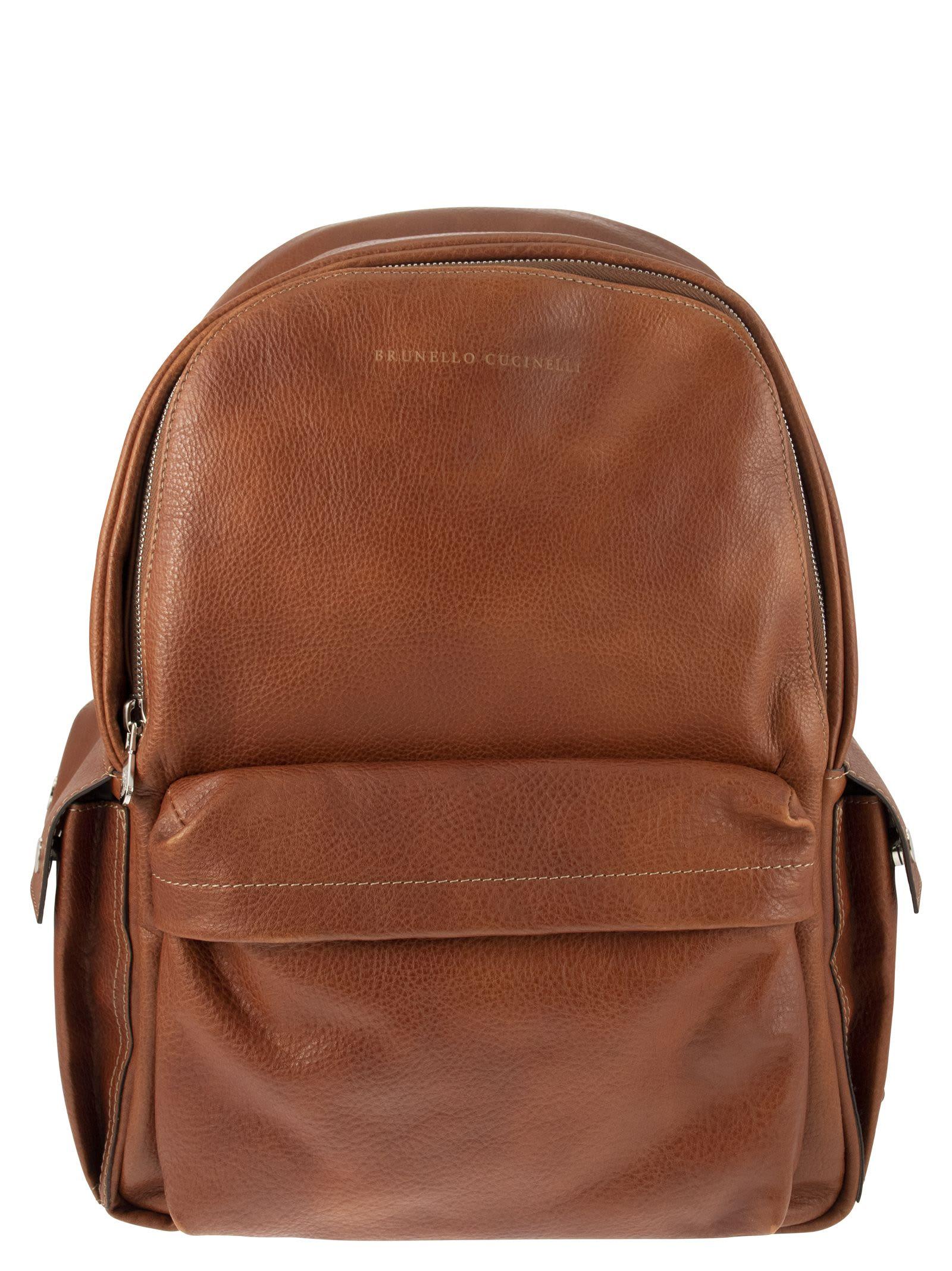 Brunello Cucinelli Calfskin Backpack With Grain in Brown for Men | Lyst
