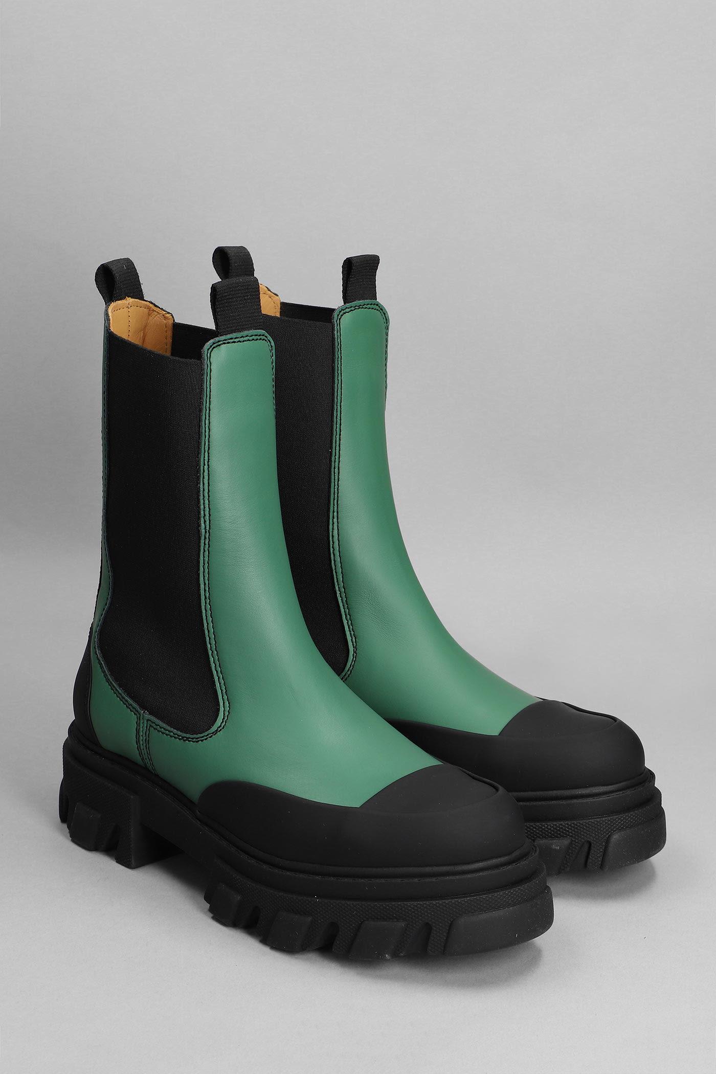 Ganni Cleated Mid Chelsea Combat Boots In Green Leather | Lyst