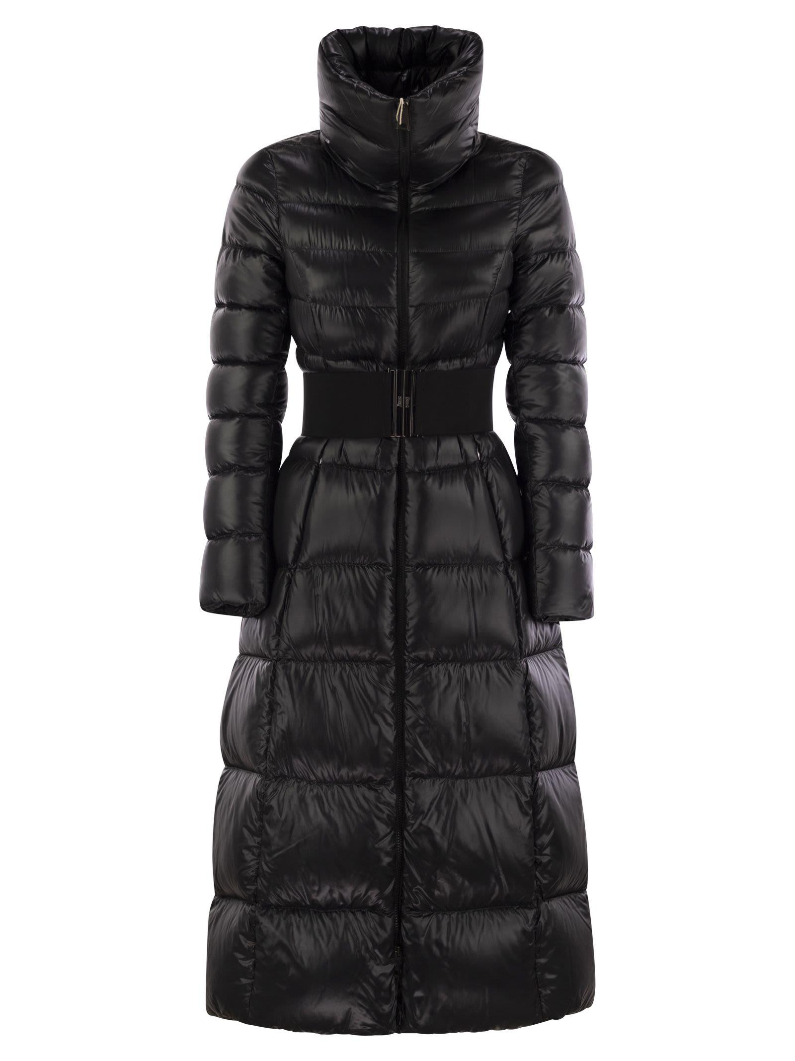 Herno Long Down Jacket With High Belt in Black | Lyst
