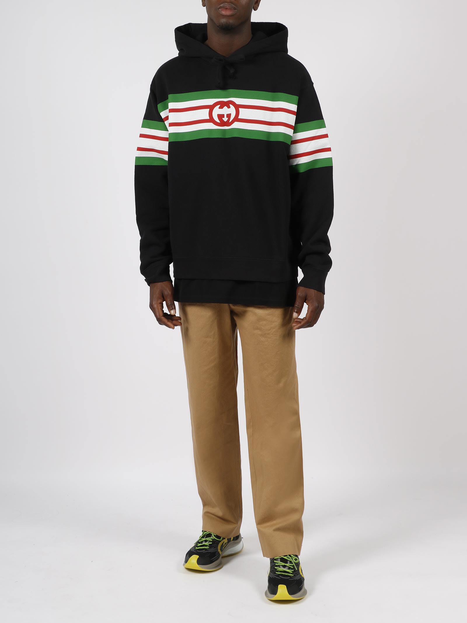 Gucci Striped Print And gg Logo Hoodie in Black for Men | Lyst