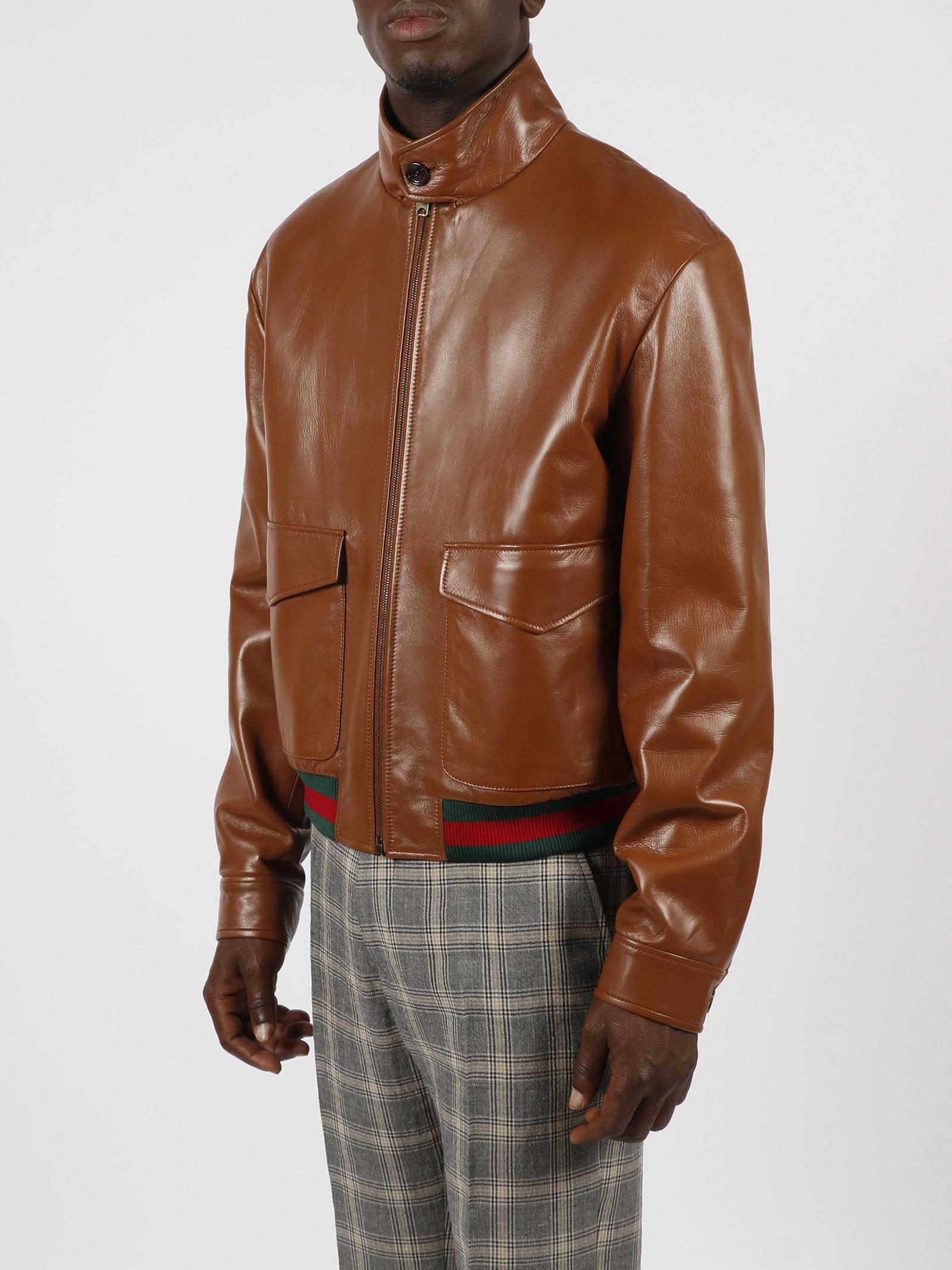Gucci Leather Bomber Jacket in Brown for Men | Lyst