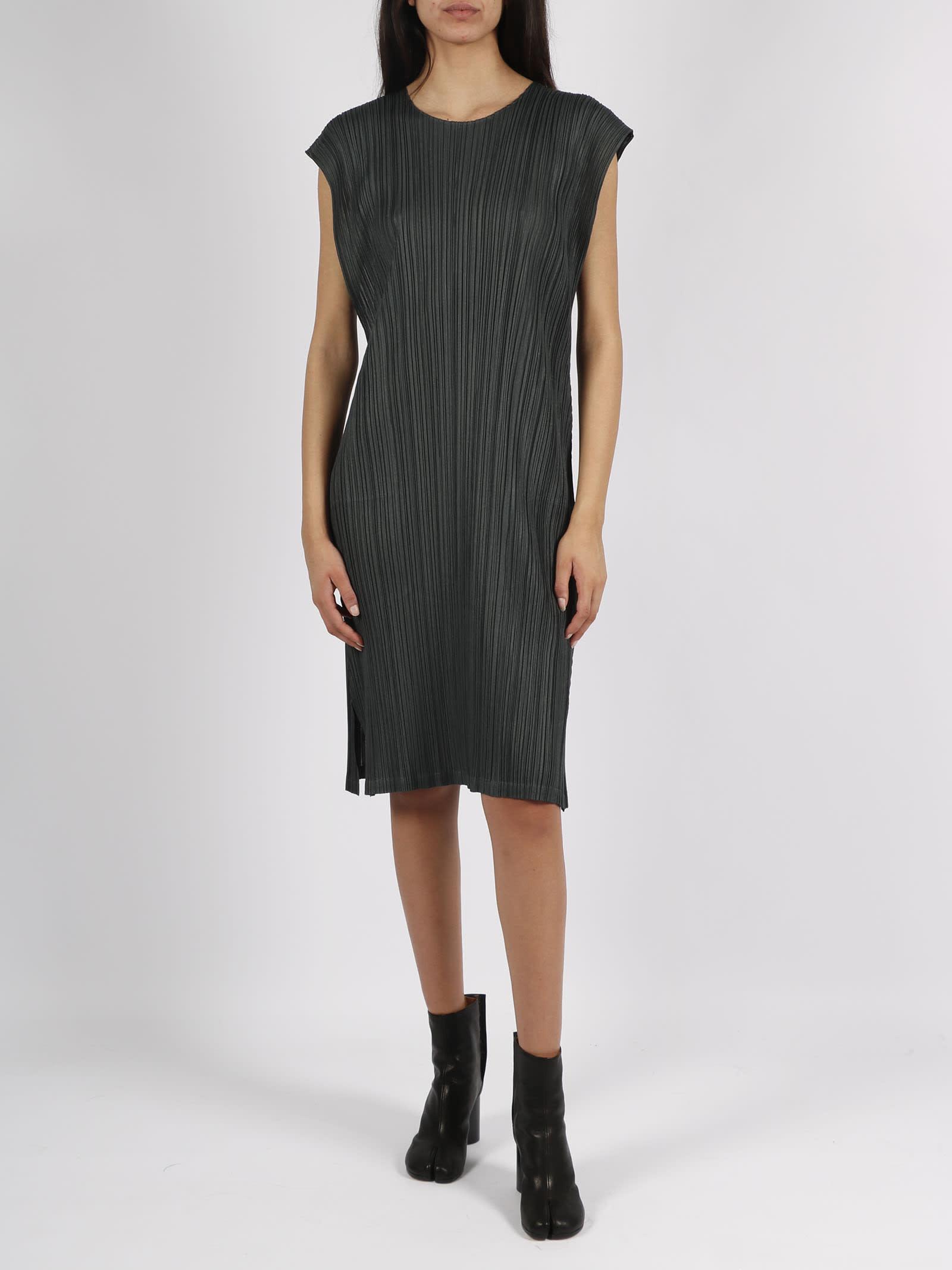 Pleats Please Issey Miyake Cap Sleeves Pleated Midi Dress in Gray