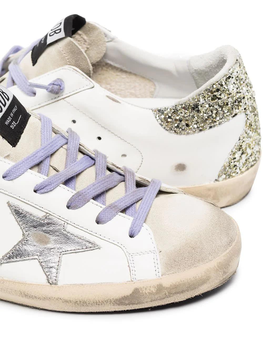 Golden Goose Woman White Super-star Sneakers With Lilac Laces, Silver Star  And Gold Glittered Spoiler in Metallic | Lyst