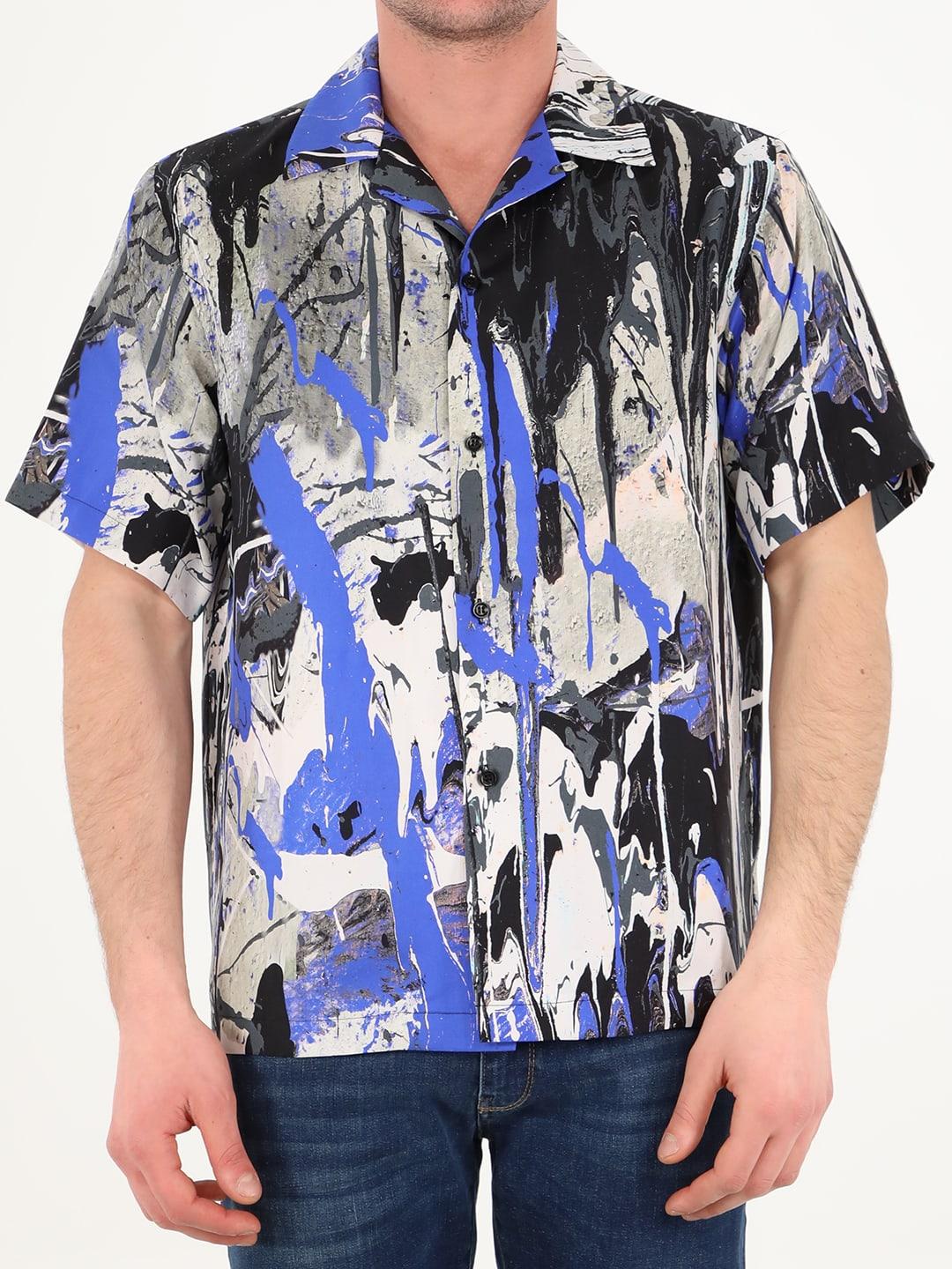 Amiri Paint Splatter Bowling Shirt in Blue for Men