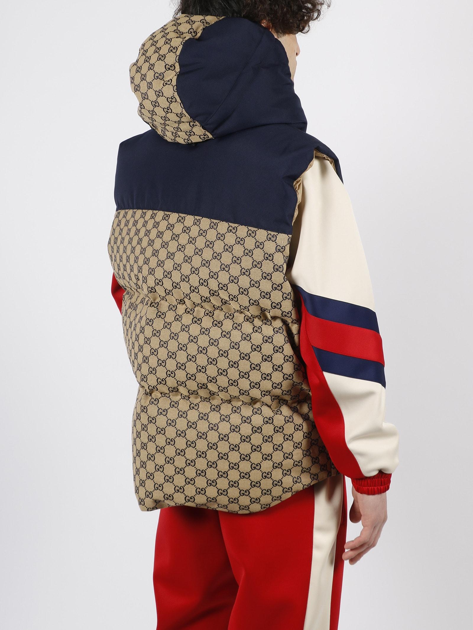 GG canvas down vest with detachable hood in beige and blue