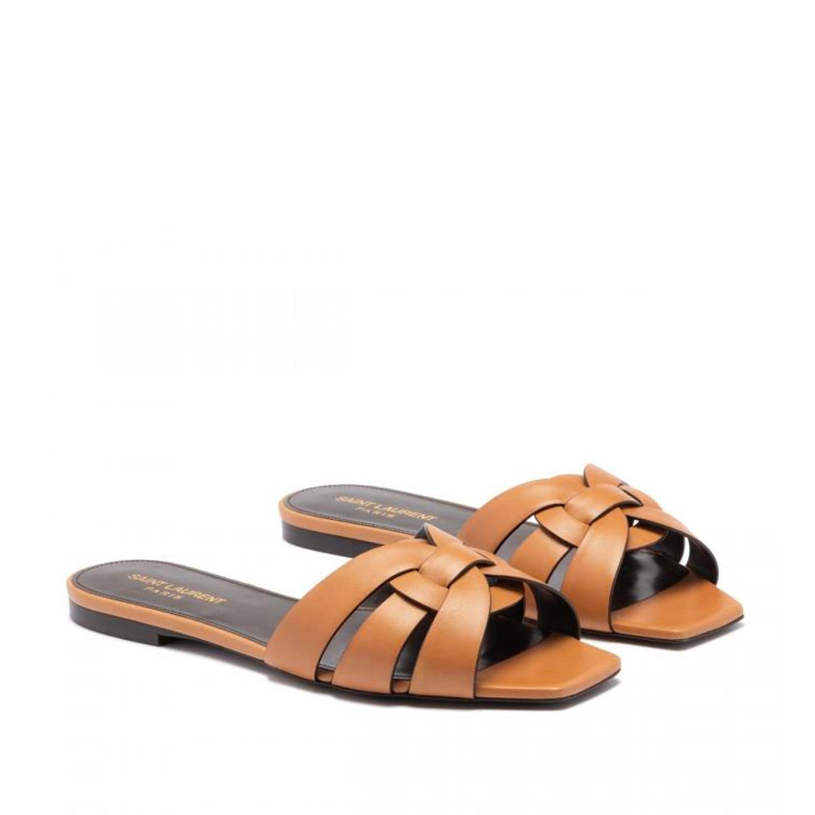Saint Laurent Tribute Leather Slides in Brown | Lyst