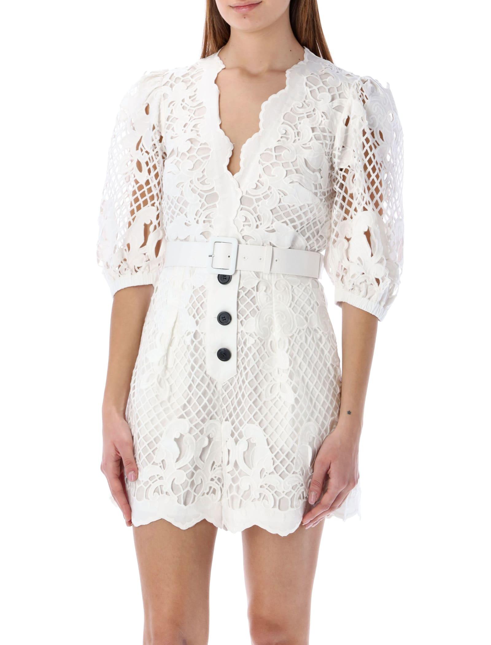 Self-Portrait Lattice Embroidered Cotton Playsuit in White | Lyst