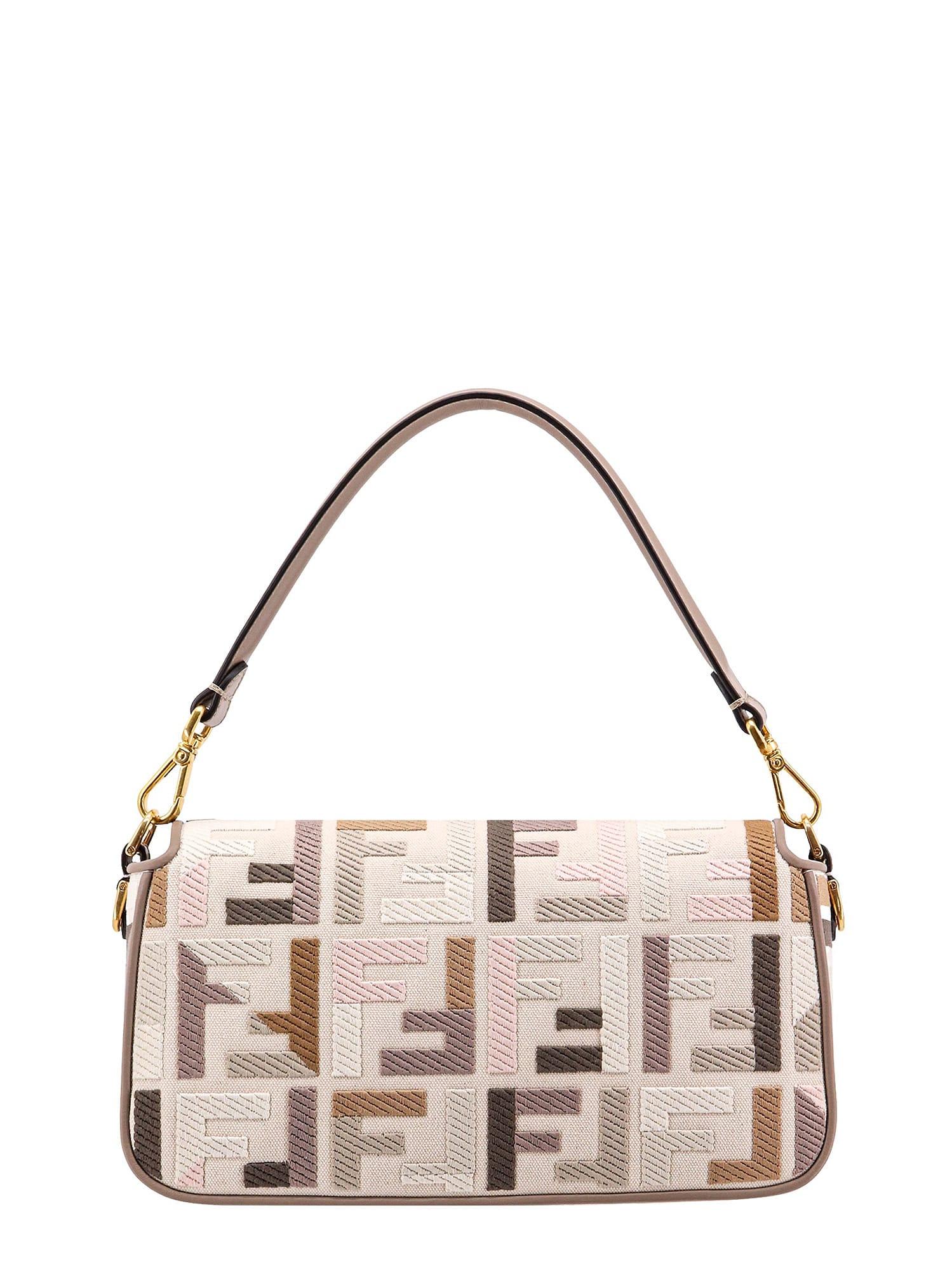 FENDI: Baguette bag in canvas with thread embroidered FF monogram - Yellow  Cream