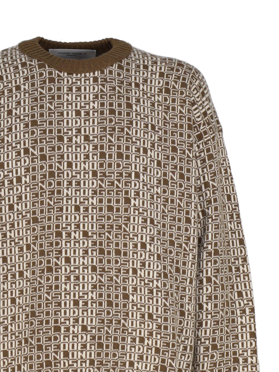 Round-neck sweater with olive-green jacquard lettering motif