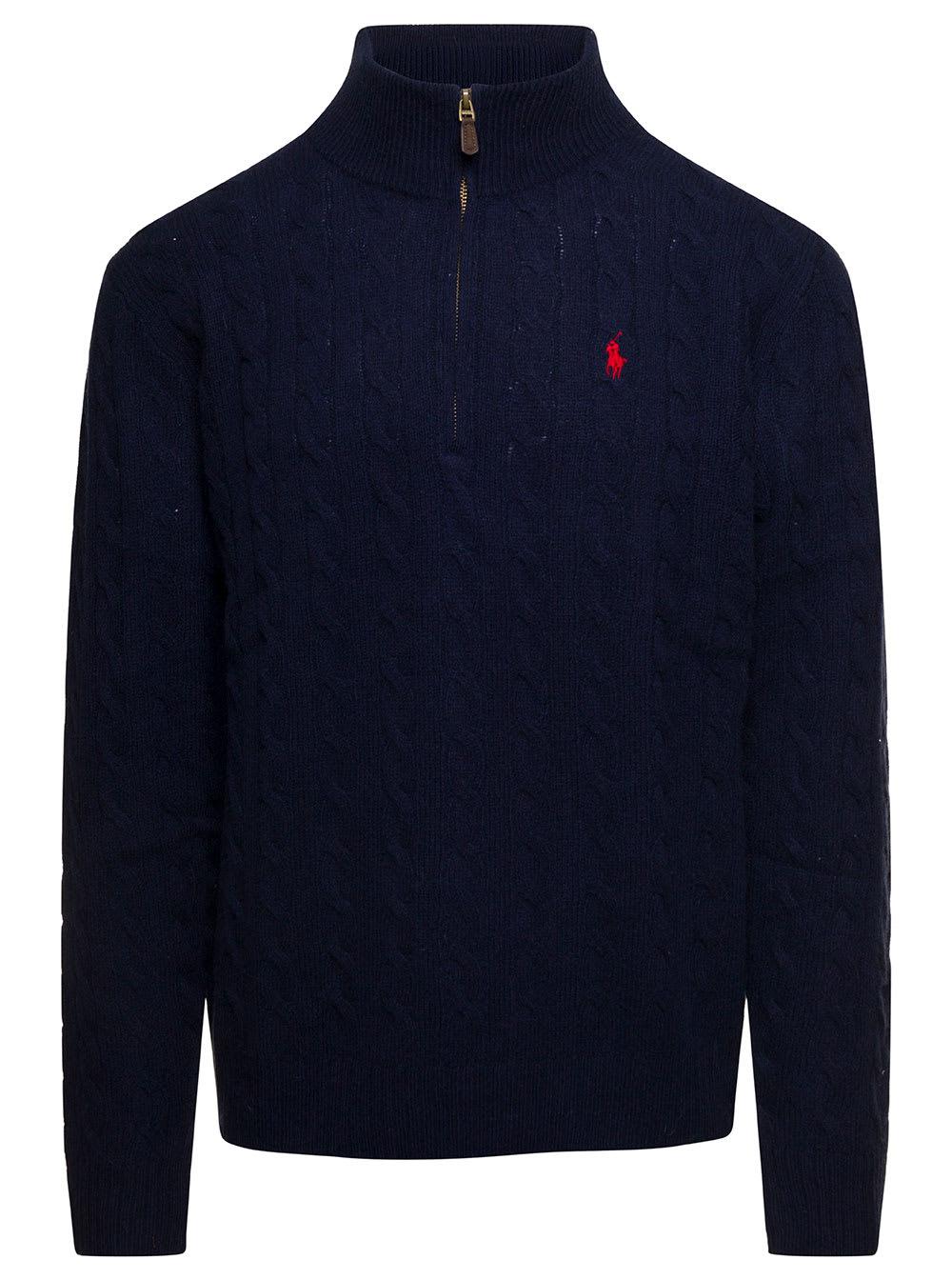 Polo Ralph Lauren Blue Cable-knit Sweater With Zip And Pony Embroidery In  Wool And Cashmere for Men | Lyst
