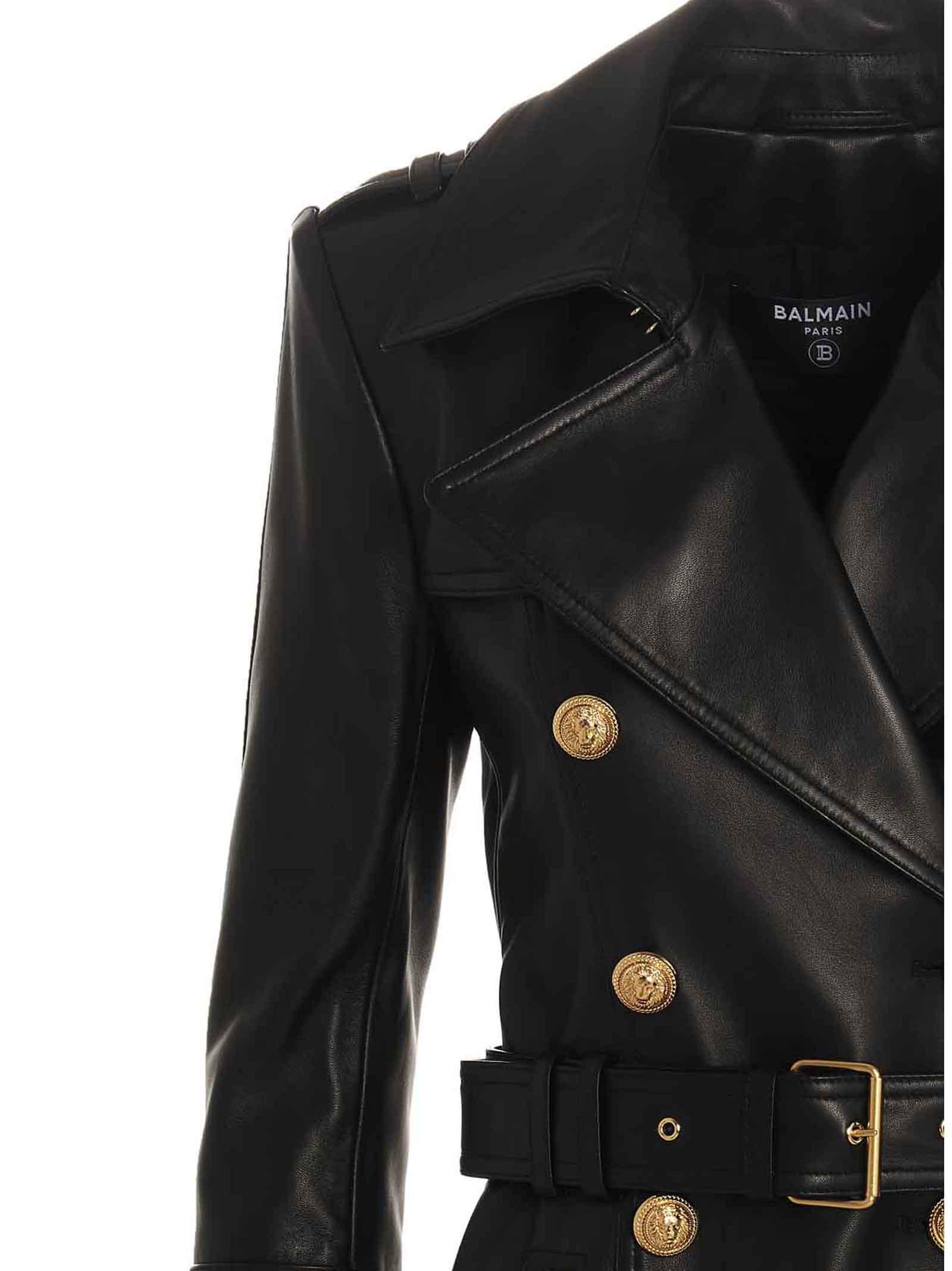 Balmain Belted Double-breasted Leather Trench Coat in Black | Lyst