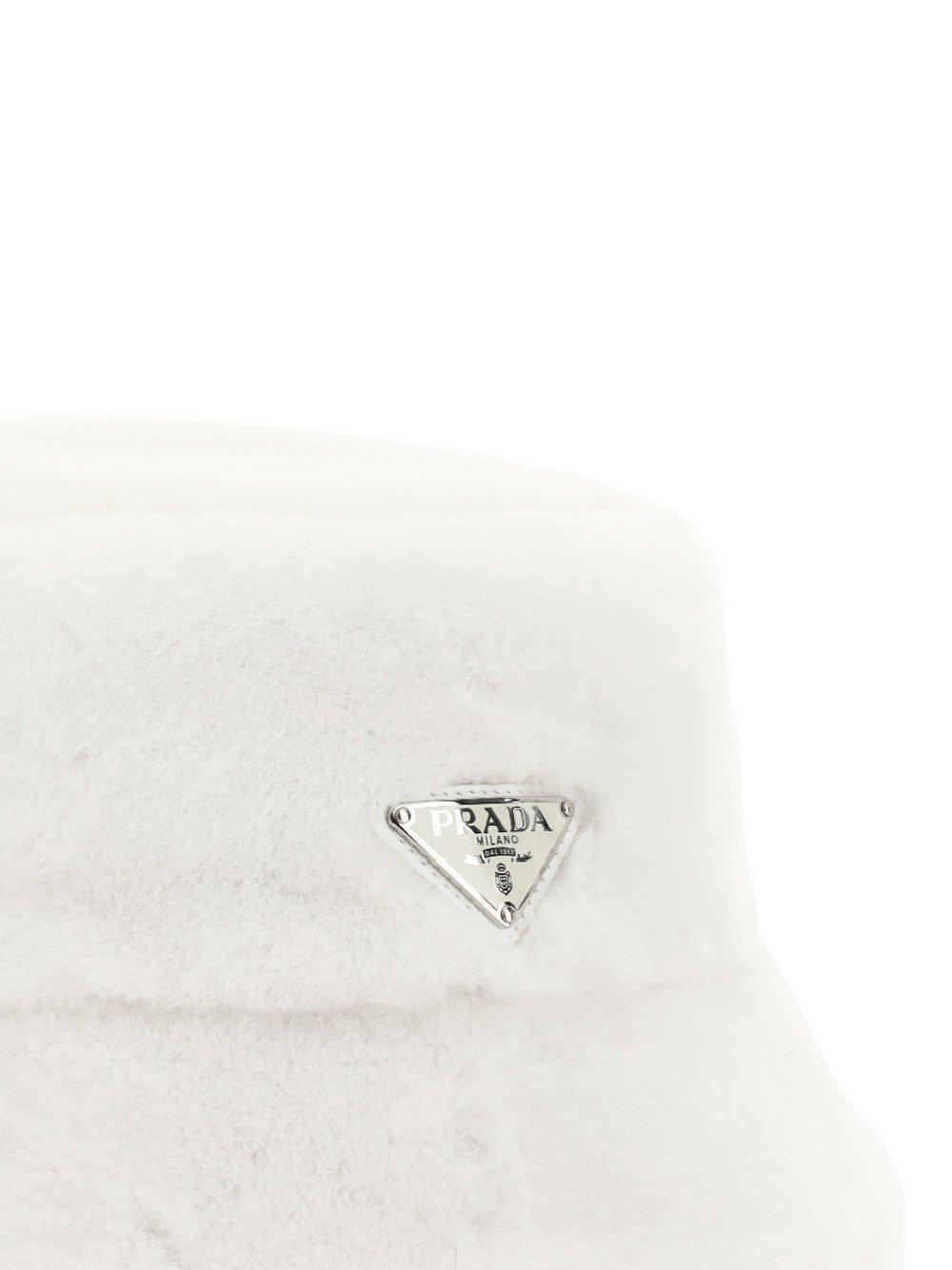 Prada Triangle Logo Shearling Bucket Hat in White
