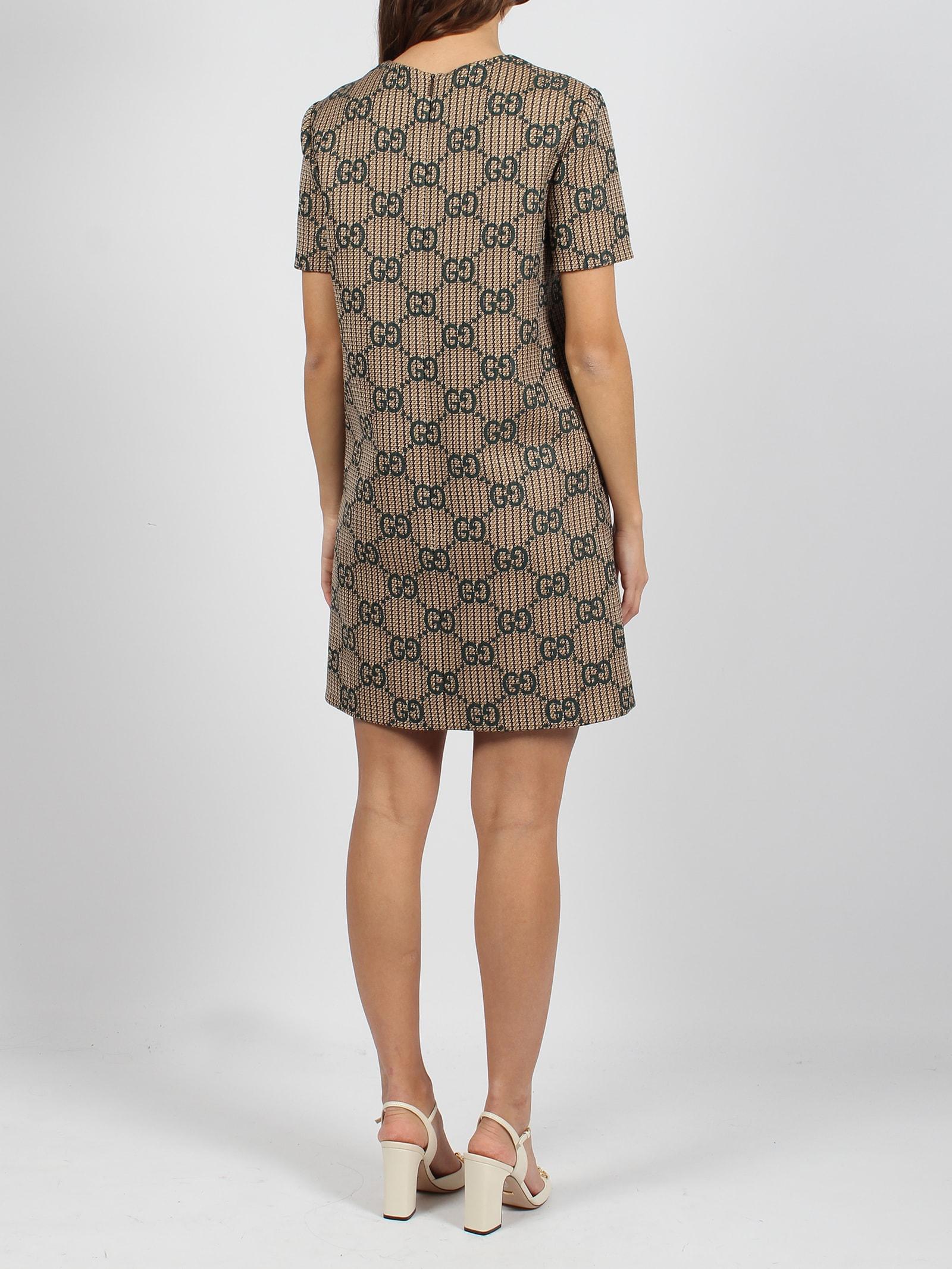 【送料&関税込】Gucci Wool Dress With Short Sleeves Gucci GG-jacquard Wool Dress | Neutrals | FARFETCH