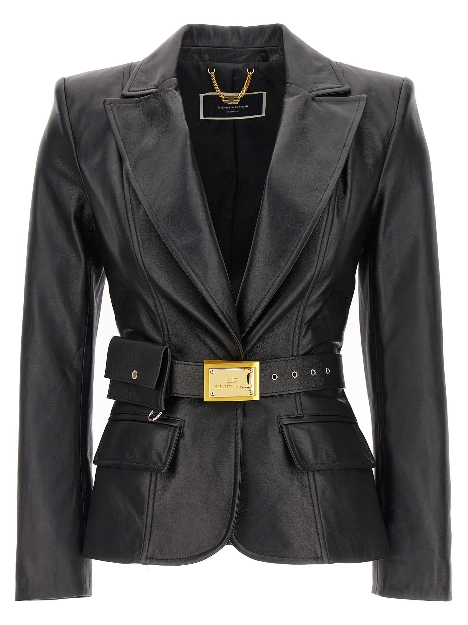 Elisabetta Franchi Belted Leather Blazer Jacket Jackets in Black