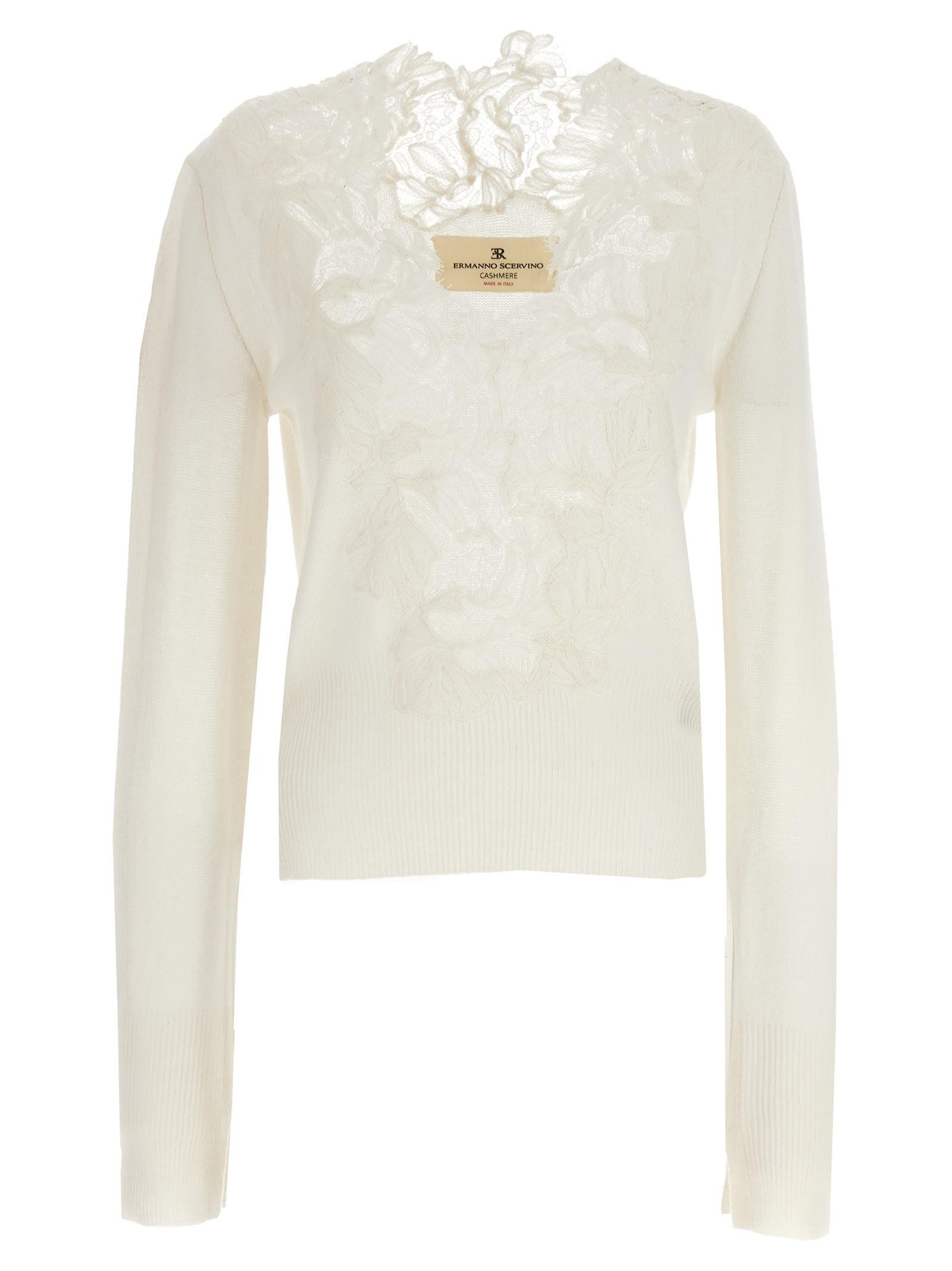 Ermanno Scervino Cashmere V-Neck Lace Insert Sweater in White | Lyst