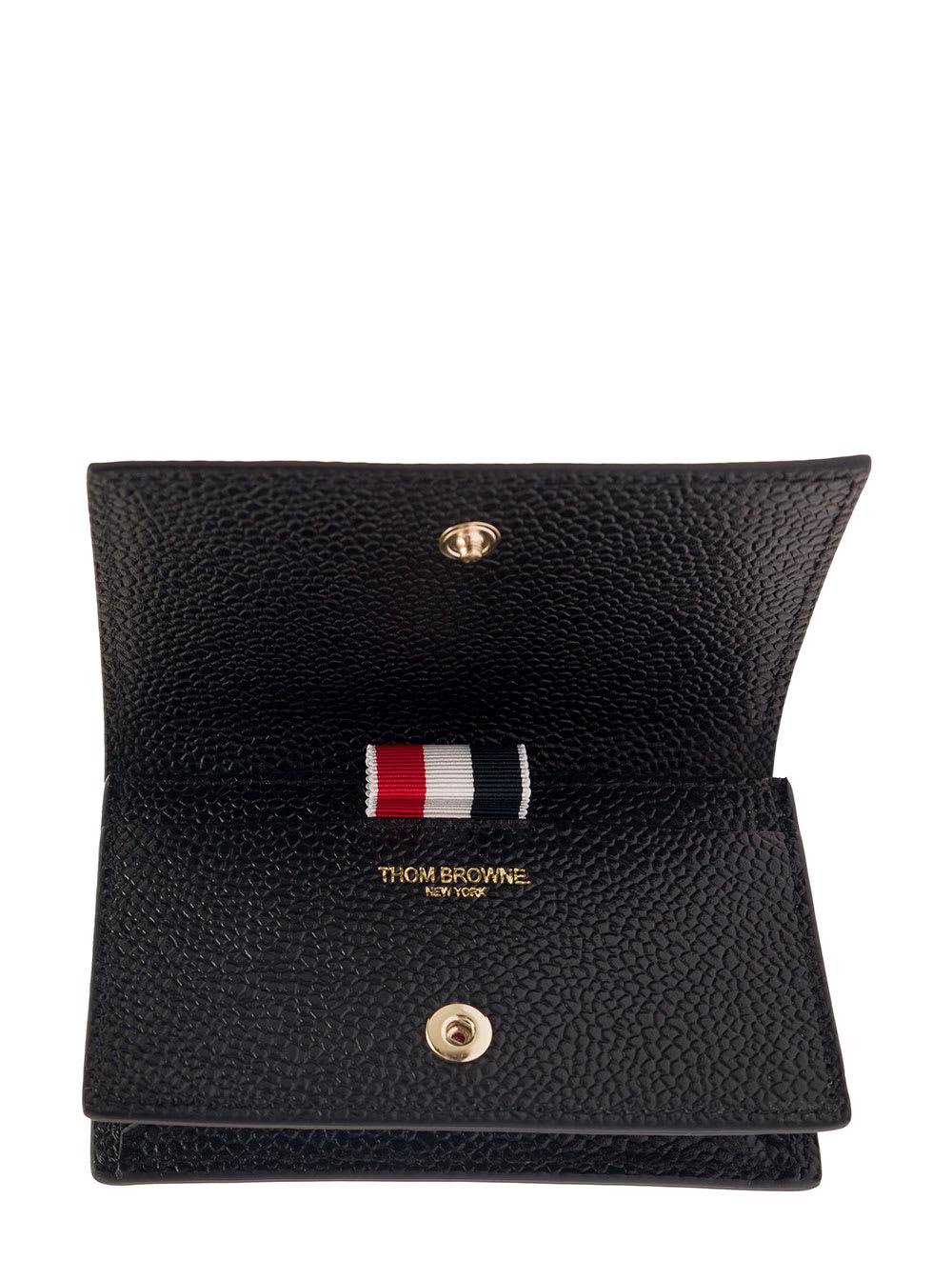 Thom Browne Double Card Holder In Pebble Grain Leather in Black