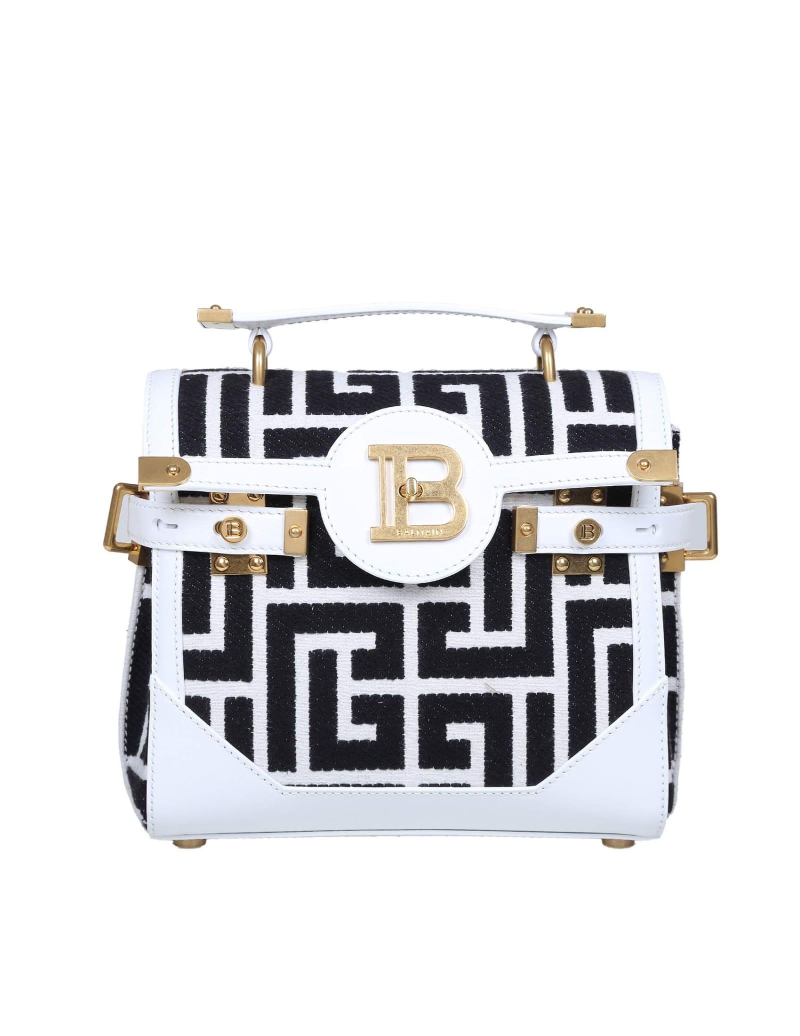 Balmain B-buzz 23 Bag In Jacquard And Leather in White/Black 