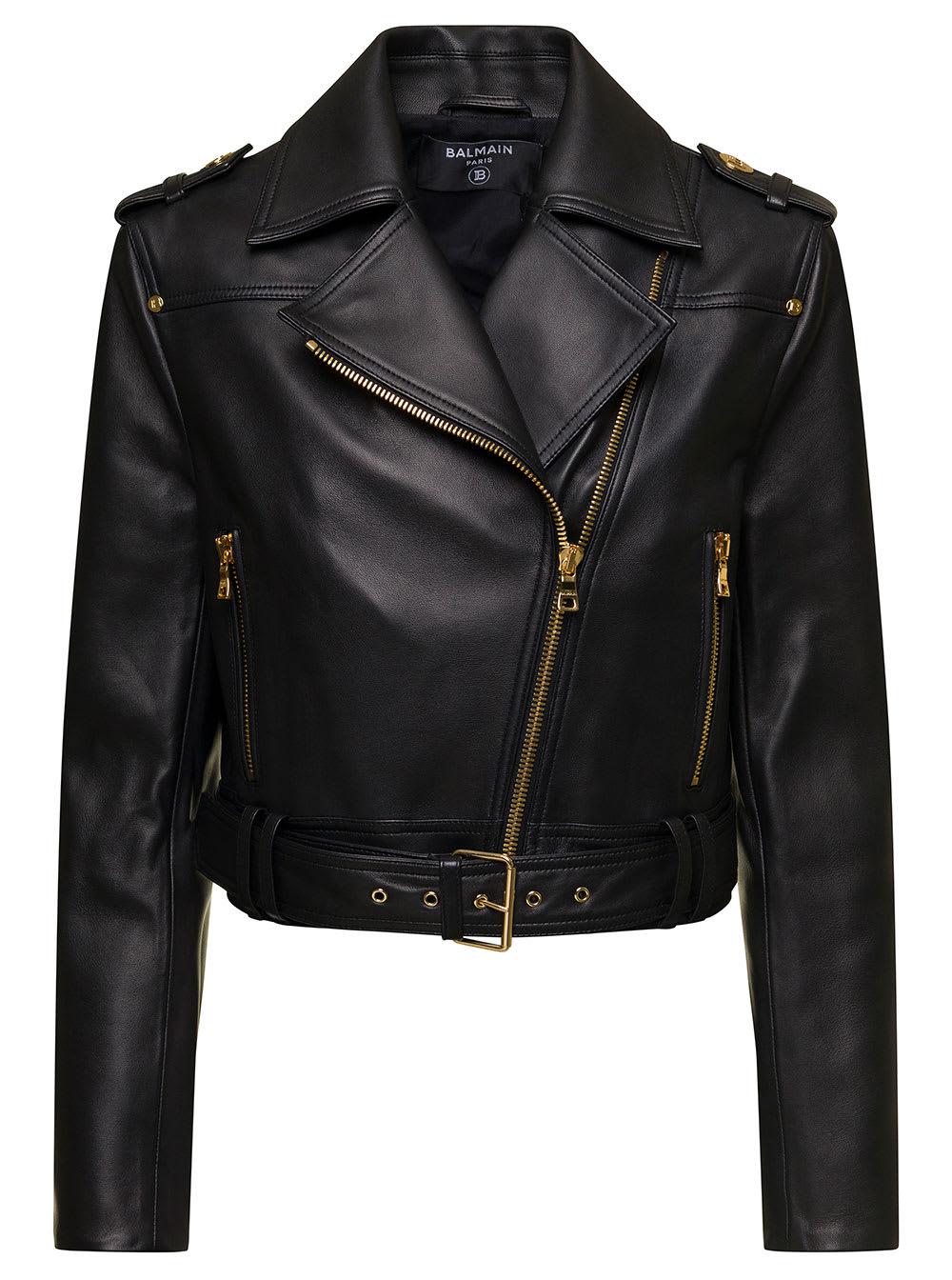 Balmain Cropped Belted Leather Biker Jacket In Faux Leather Woman in Black  | Lyst