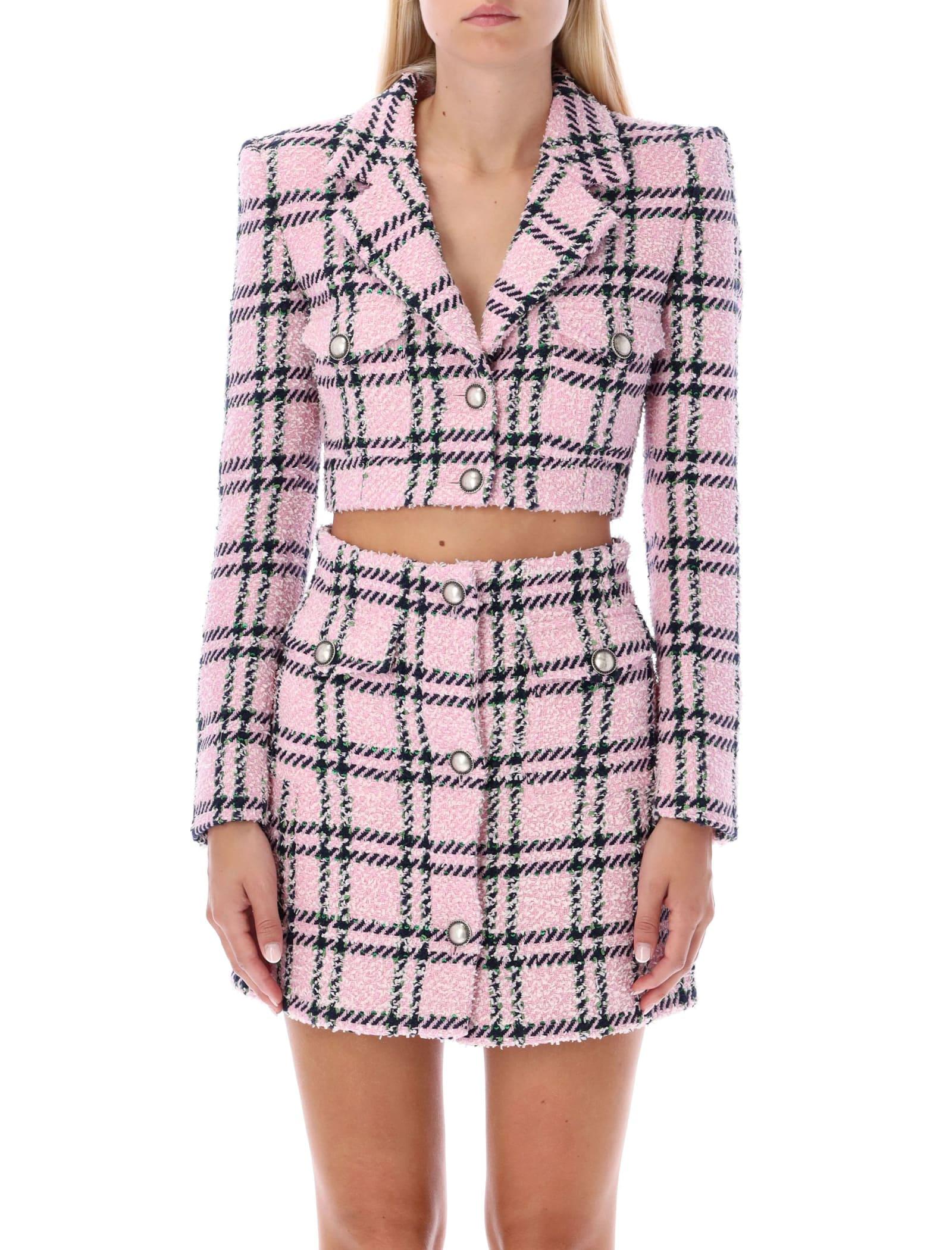 pink tartan skirt and blazer