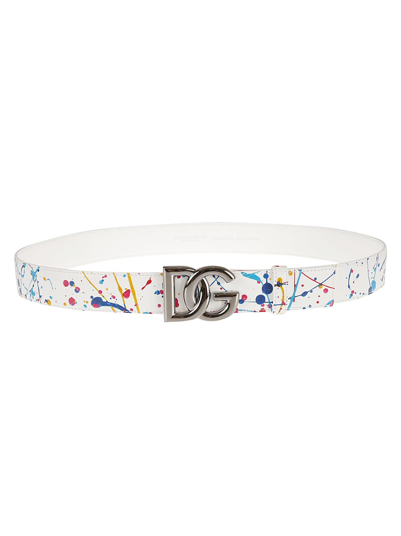 Dolce & Gabbana Paint Splash Logo Buckle Belt in White for Men | Lyst